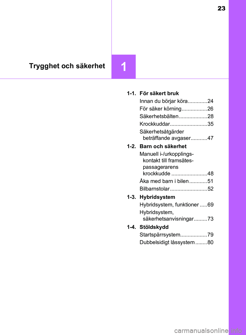 TOYOTA YARIS 2018 Bruksanvisningar (in Swedish) 23
1Trygghet och säkerhet
YARIS_HV_OM_Europe_OM52J66SE1-1. För säkert bruk
Innan du börjar köra............. 24
För säker körning ................. 26
Säkerhetsbälten ................... 28
TOYOTA YARIS 2018 Bruksanvisningar (in Swedish) 23
1Trygghet och säkerhet
YARIS_HV_OM_Europe_OM52J66SE1-1. För säkert bruk
Innan du börjar köra............. 24
För säker körning ................. 26
Säkerhetsbälten ................... 28