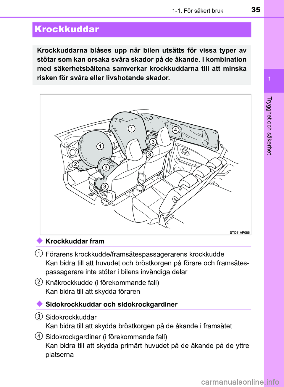 TOYOTA YARIS 2018 Bruksanvisningar (in Swedish) 351-1. För säkert bruk
1
Trygghet och säkerhet
YARIS_HV_OM_Europe_OM52J66SE
Krockkuddar
uKrockkuddar fram
Förarens krockkudde/framsätespassagerarens krockkudde
Kan bidra till att huvudet och brö TOYOTA YARIS 2018 Bruksanvisningar (in Swedish) 351-1. För säkert bruk
1
Trygghet och säkerhet
YARIS_HV_OM_Europe_OM52J66SE
Krockkuddar
uKrockkuddar fram
Förarens krockkudde/framsätespassagerarens krockkudde
Kan bidra till att huvudet och brö