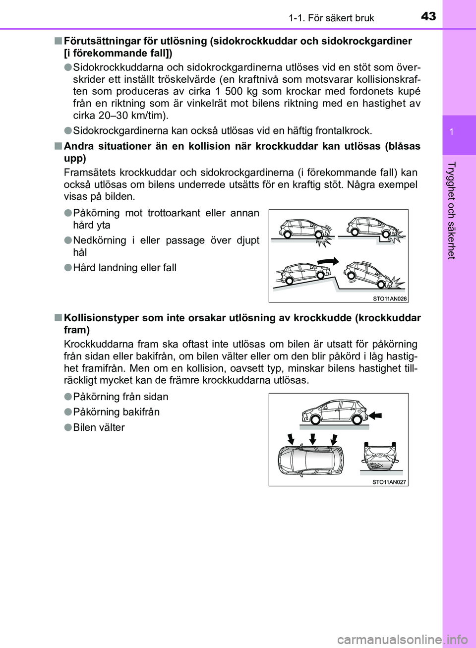 TOYOTA YARIS 2018  Bruksanvisningar (in Swedish) 431-1. För säkert bruk
1
Trygghet och säkerhet
YARIS_HV_OM_Europe_OM52J66SEn
Förutsättningar för ut lösning (sidokrockkuddar och sidokrockgardiner 
[i förekommande fall])
l Sidokrockkuddarna o