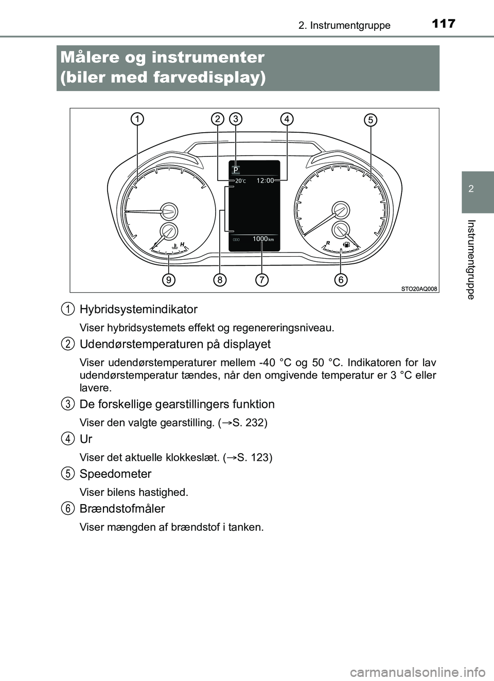 TOYOTA YARIS 2018 Brugsanvisning (in Danish) 117
2
2. Instrumentgruppe
Instrumentgruppe
YARIS_HV_OM_Europe_OM52J66DK
Målere og instrumenter
(biler med farvedisplay)
Hybridsystemindikator
Viser hybridsystemets effekt og regenereringsniveau.
Ude TOYOTA YARIS 2018 Brugsanvisning (in Danish) 117
2
2. Instrumentgruppe
Instrumentgruppe
YARIS_HV_OM_Europe_OM52J66DK
Målere og instrumenter
(biler med farvedisplay)
Hybridsystemindikator
Viser hybridsystemets effekt og regenereringsniveau.
Ude