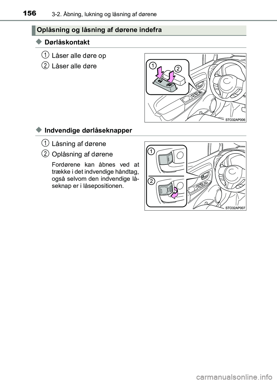 TOYOTA YARIS 2018  Brugsanvisning (in Danish) 1563-2. Åbning, lukning og låsning af dørene
YARIS_HV_OM_Europe_OM52J66DK
uDørlåskontaktLåser alle døre op
Låser alle døre
uIndvendige dørlåseknapperLåsning af dørene
Oplåsning af døren TOYOTA YARIS 2018  Brugsanvisning (in Danish) 1563-2. Åbning, lukning og låsning af dørene
YARIS_HV_OM_Europe_OM52J66DK
uDørlåskontaktLåser alle døre op
Låser alle døre
uIndvendige dørlåseknapperLåsning af dørene
Oplåsning af døren