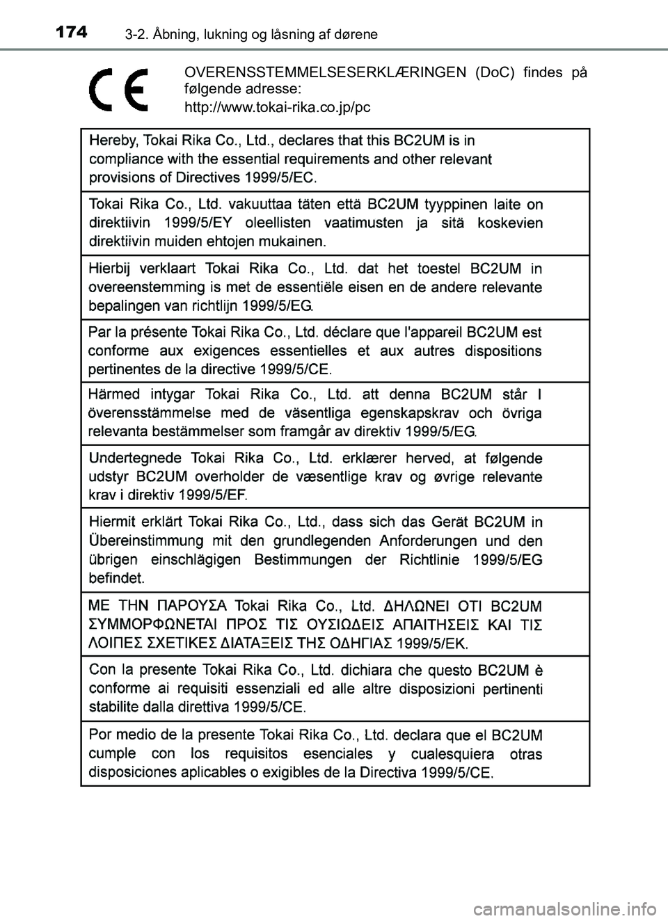 TOYOTA YARIS 2018  Brugsanvisning (in Danish) 1743-2. Åbning, lukning og låsning af dørene
YARIS_HV_OM_Europe_OM52J66DK
OVERENSSTEMMELSESERKLÆRINGEN (DoC) findes på
følgende adresse:
http://www.tokai-rika.co.jp/pc
OM52J66DK.book  Page 174  