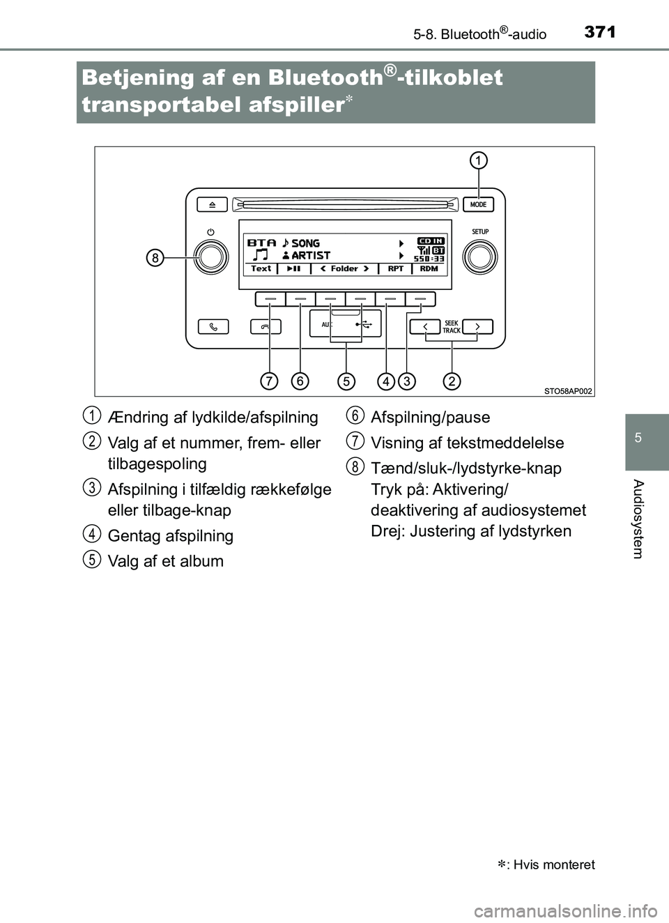 TOYOTA YARIS 2018  Brugsanvisning (in Danish) 3715-8. Bluetooth®-audio
5
Audiosystem
YARIS_HV_OM_Europe_OM52J66DK
Betjening af en Bluetooth®-tilkoblet 
transportabel afspiller

: Hvis monteret
Ændring af lydkilde/afspilning
Valg af et nu