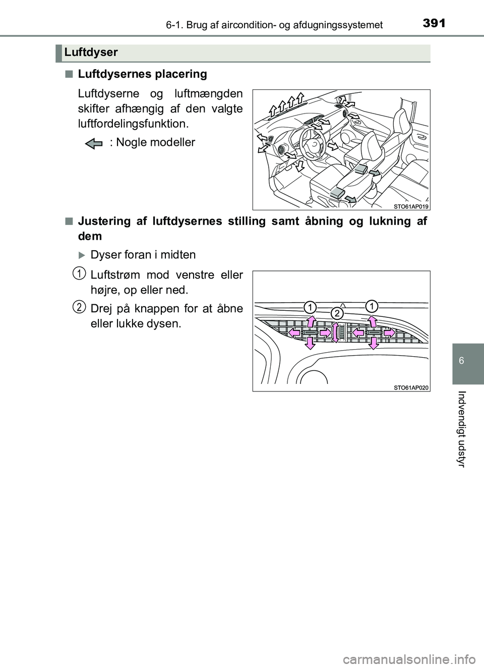 TOYOTA YARIS 2018 Brugsanvisning (in Danish) 3916-1. Brug af aircondition- og afdugningssystemet
6
Indvendigt udstyr
YARIS_HV_OM_Europe_OM52J66DKn
Luftdysernes placering
Luftdyserne og luftmængden
skifter afhængig af den valgte
luftfordelingsf TOYOTA YARIS 2018 Brugsanvisning (in Danish) 3916-1. Brug af aircondition- og afdugningssystemet
6
Indvendigt udstyr
YARIS_HV_OM_Europe_OM52J66DKn
Luftdysernes placering
Luftdyserne og luftmængden
skifter afhængig af den valgte
luftfordelingsf