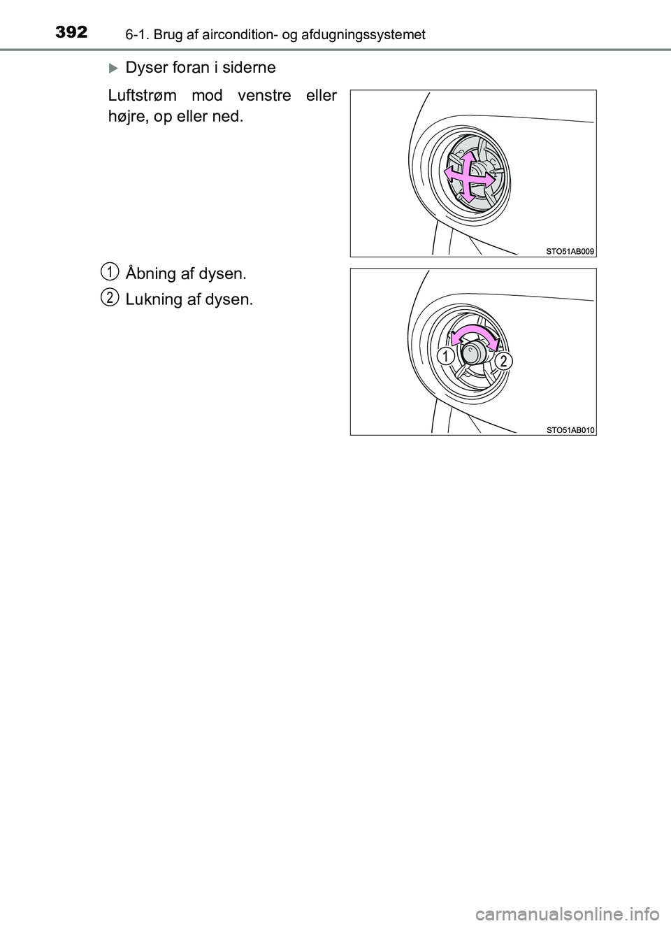 TOYOTA YARIS 2018 Brugsanvisning (in Danish) 3926-1. Brug af aircondition- og afdugningssystemet
YARIS_HV_OM_Europe_OM52J66DK
Dyser foran i siderne
Luftstrøm mod venstre eller
højre, op eller ned.
Åbning af dysen.
Lukning af dysen.
1
2
OM5 TOYOTA YARIS 2018 Brugsanvisning (in Danish) 3926-1. Brug af aircondition- og afdugningssystemet
YARIS_HV_OM_Europe_OM52J66DK
Dyser foran i siderne
Luftstrøm mod venstre eller
højre, op eller ned.
Åbning af dysen.
Lukning af dysen.
1
2
OM5