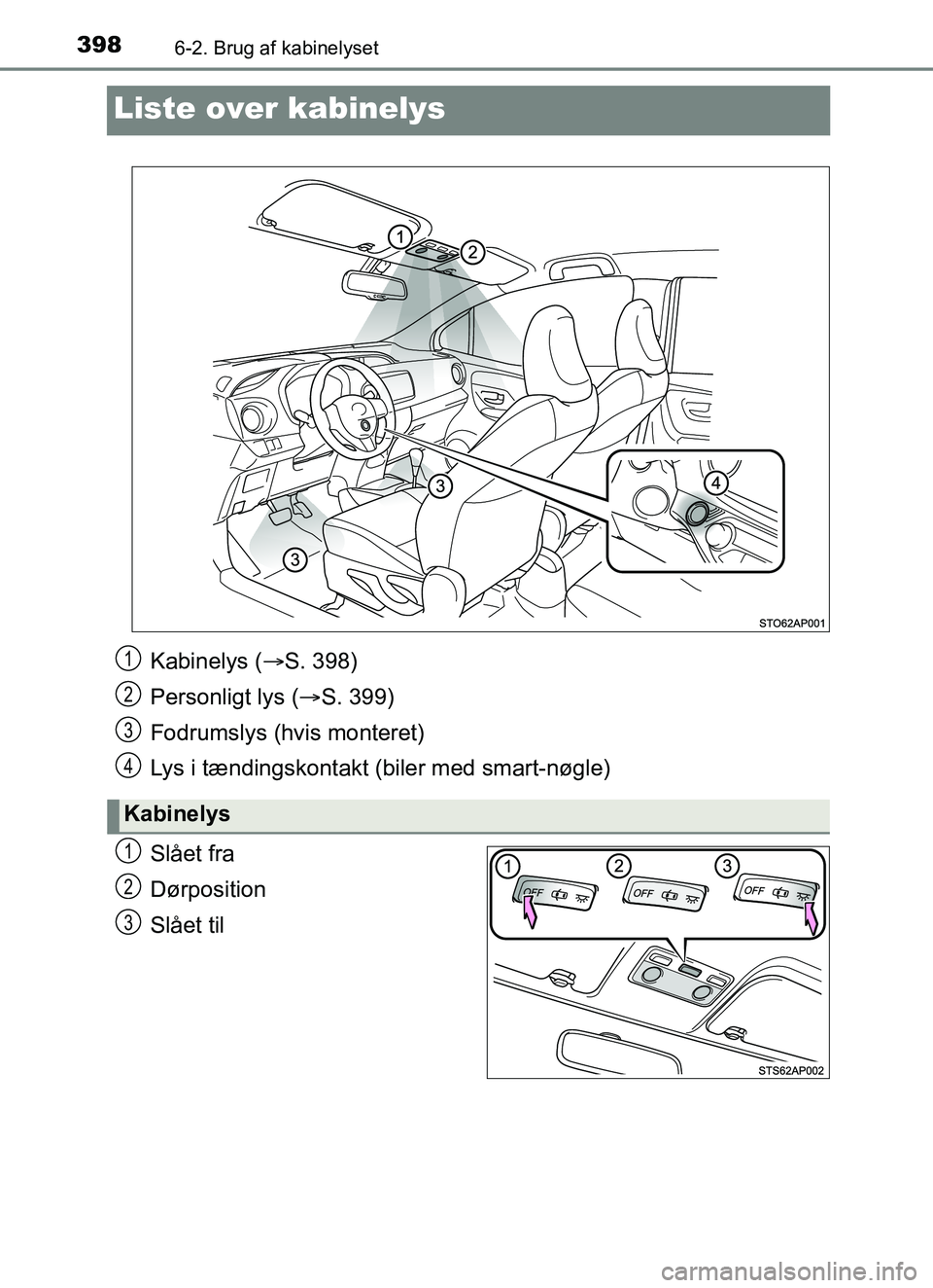 TOYOTA YARIS 2018 Brugsanvisning (in Danish) 3986-2. Brug af kabinelyset
YARIS_HV_OM_Europe_OM52J66DK
Liste over kabinelys
Slået fra
Dørposition
Slået til
Kabinelys (S. 398)
Personligt lys ( S. 399)
Fodrumslys (hvis monteret)
Lys i tæn TOYOTA YARIS 2018 Brugsanvisning (in Danish) 3986-2. Brug af kabinelyset
YARIS_HV_OM_Europe_OM52J66DK
Liste over kabinelys
Slået fra
Dørposition
Slået til
Kabinelys (S. 398)
Personligt lys ( S. 399)
Fodrumslys (hvis monteret)
Lys i tæn