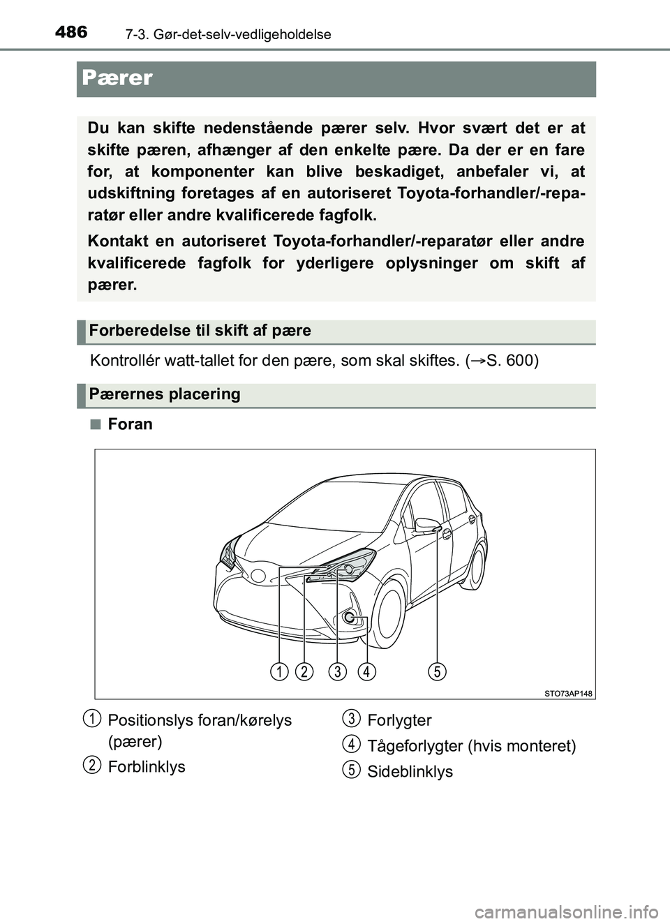 TOYOTA YARIS 2018  Brugsanvisning (in Danish) 4867-3. Gør-det-selv-vedligeholdelse
YARIS_HV_OM_Europe_OM52J66DK
Pærer
Kontrollér watt-tallet for den pære, som skal skiftes. (S. 600)
nForan
Du kan skifte nedenstående pære r selv. Hvor sv