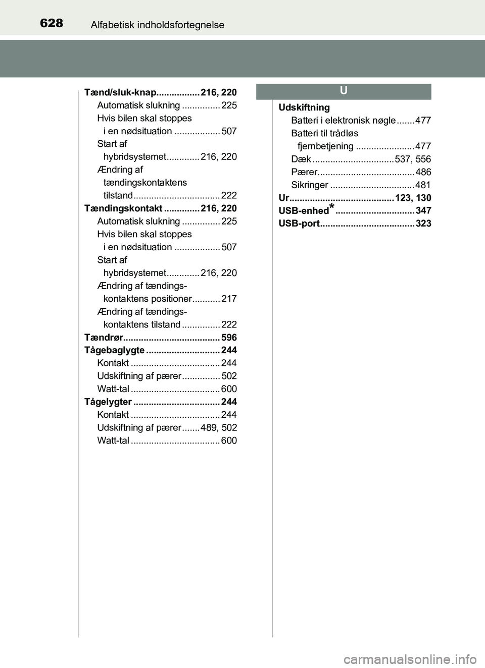 TOYOTA YARIS 2018 Brugsanvisning (in Danish) 628Alfabetisk indholdsfortegnelse
YARIS_HV_OM_Europe_OM52J66DK
Tænd/sluk-knap................. 216, 220Automatisk slukning ............... 225
Hvis bilen skal stoppes
i en nødsituation ............ TOYOTA YARIS 2018 Brugsanvisning (in Danish) 628Alfabetisk indholdsfortegnelse
YARIS_HV_OM_Europe_OM52J66DK
Tænd/sluk-knap................. 216, 220Automatisk slukning ............... 225
Hvis bilen skal stoppes
i en nødsituation ............