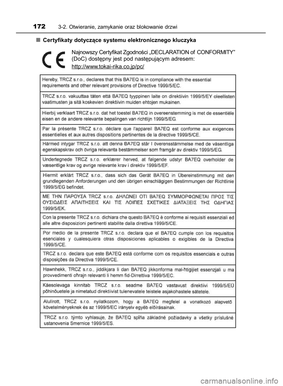 TOYOTA YARIS 2018  Instrukcja obsługi (in Polish) Certyfikaty dotyczàce systemu elektronicznego kluczyka
Najnowszy Cer tyfikat ZgodnoÊci „DECLARATION of CONFORMITY”
(DoC) dost´pny jest pod nast´pujàcym adresem:
http://www
.tokai-rika.co.jp/p