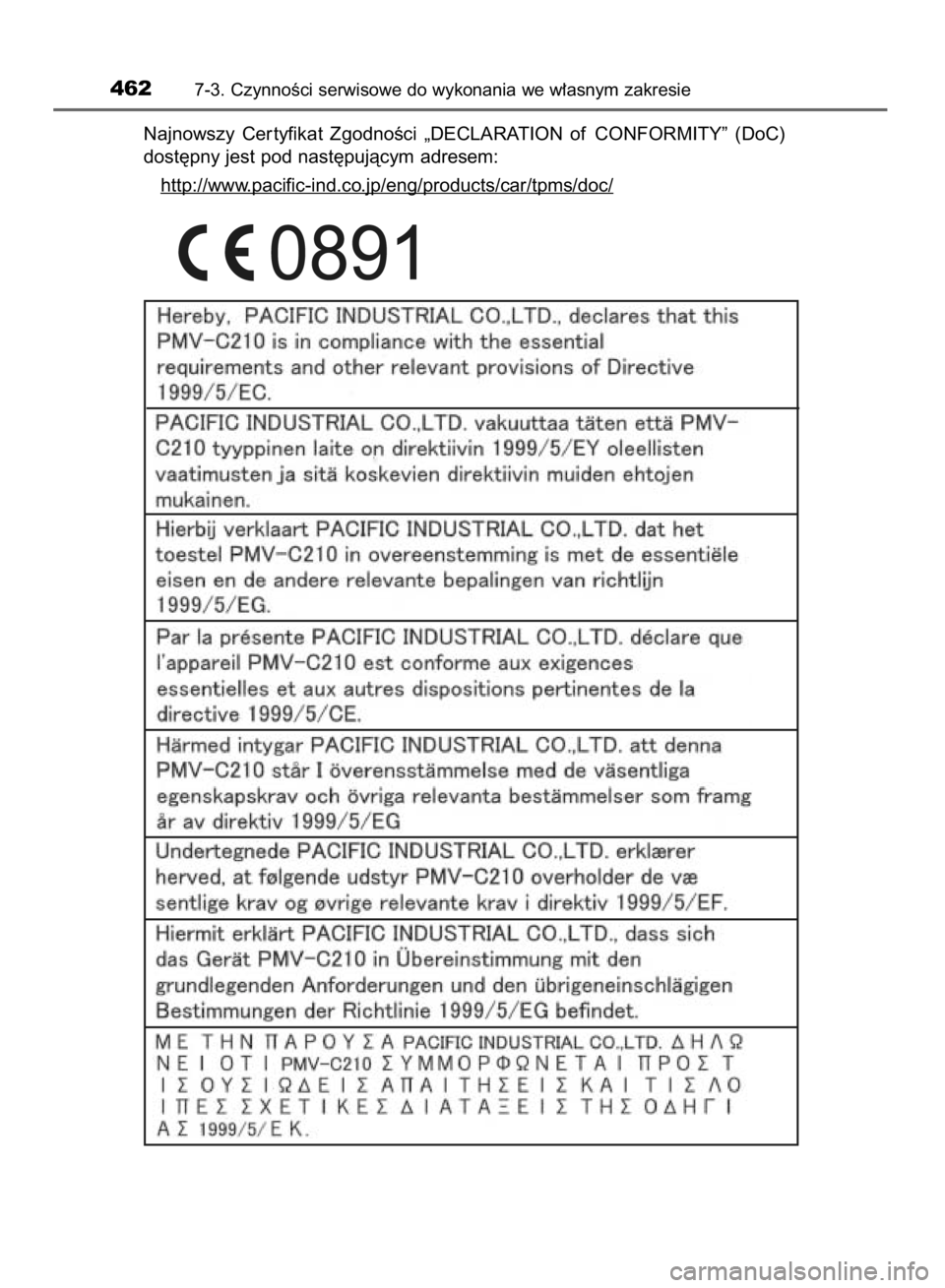 TOYOTA YARIS 2018  Instrukcja obsługi (in Polish) Najnowszy  Cer tyfikat  ZgodnoÊci  „DECLARATION  of CONFORMITY”  (DoC)
dost´pny jest pod nast´pujàcym adresem:
http://www
.pacific-ind.co.jp/eng/products/car/tpms/doc/
4627-3. CzynnoÊci serwi