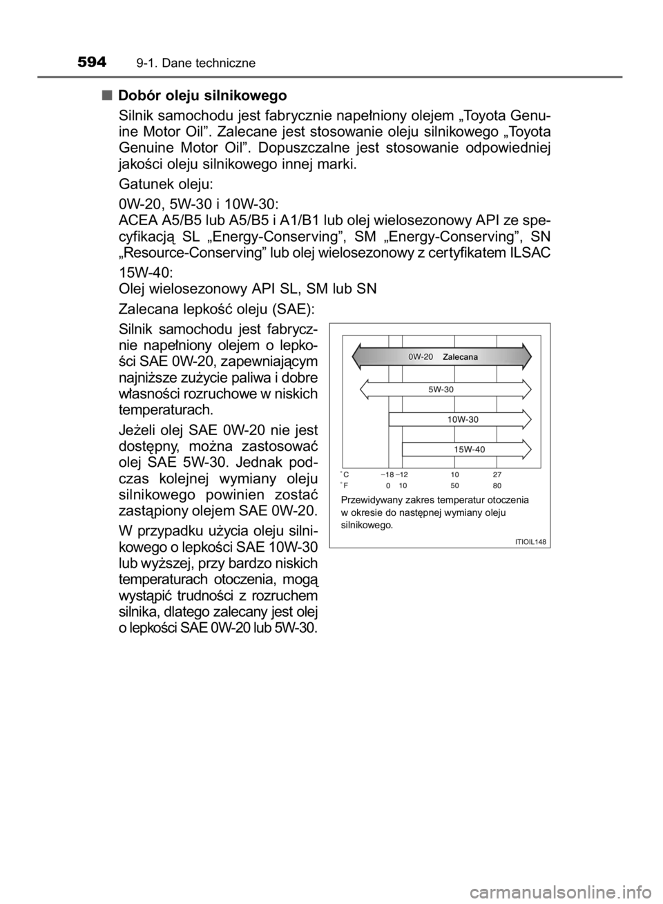 TOYOTA YARIS 2018  Instrukcja obsługi (in Polish) Zalecana
Dobór oleju silnikowego
Silnik samochodu jest fabrycznie nape∏niony olejem „Toyota Genu-
ine  Motor  Oil”.  Zalecane  jest  stosowanie  oleju  silnikowego  „Toyota
Genuine  Motor  Oi