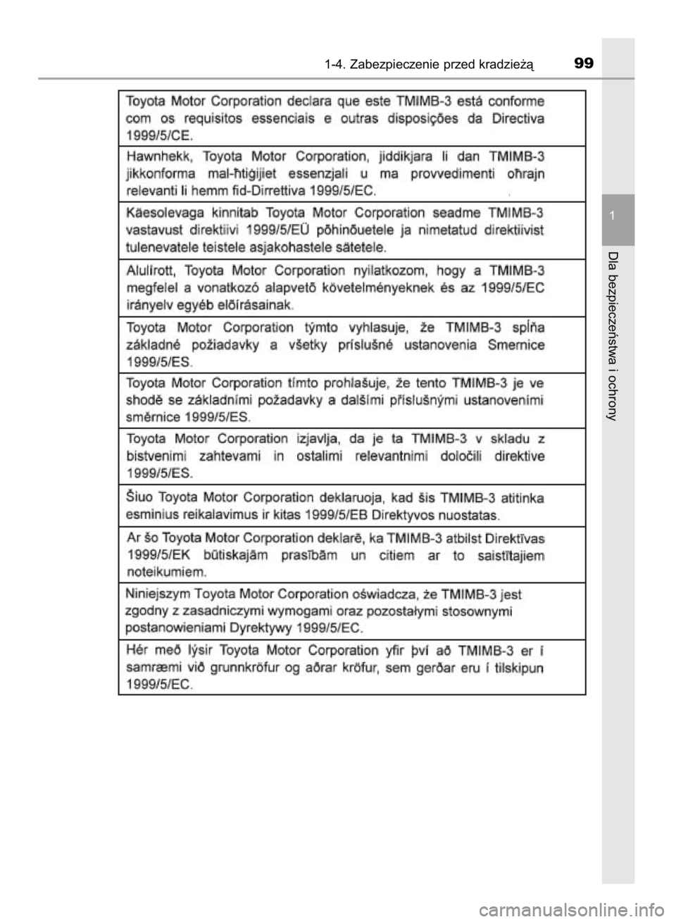 TOYOTA YARIS 2018  Instrukcja obsługi (in Polish) 1-4. Zabezpieczenie przed kradzie˝à99
1
Dla bezpieczeƒstwa i ochrony
33 YARIS HV OM52J66E  10/2/17  11:09 AM  Page 99    (Black plate) 