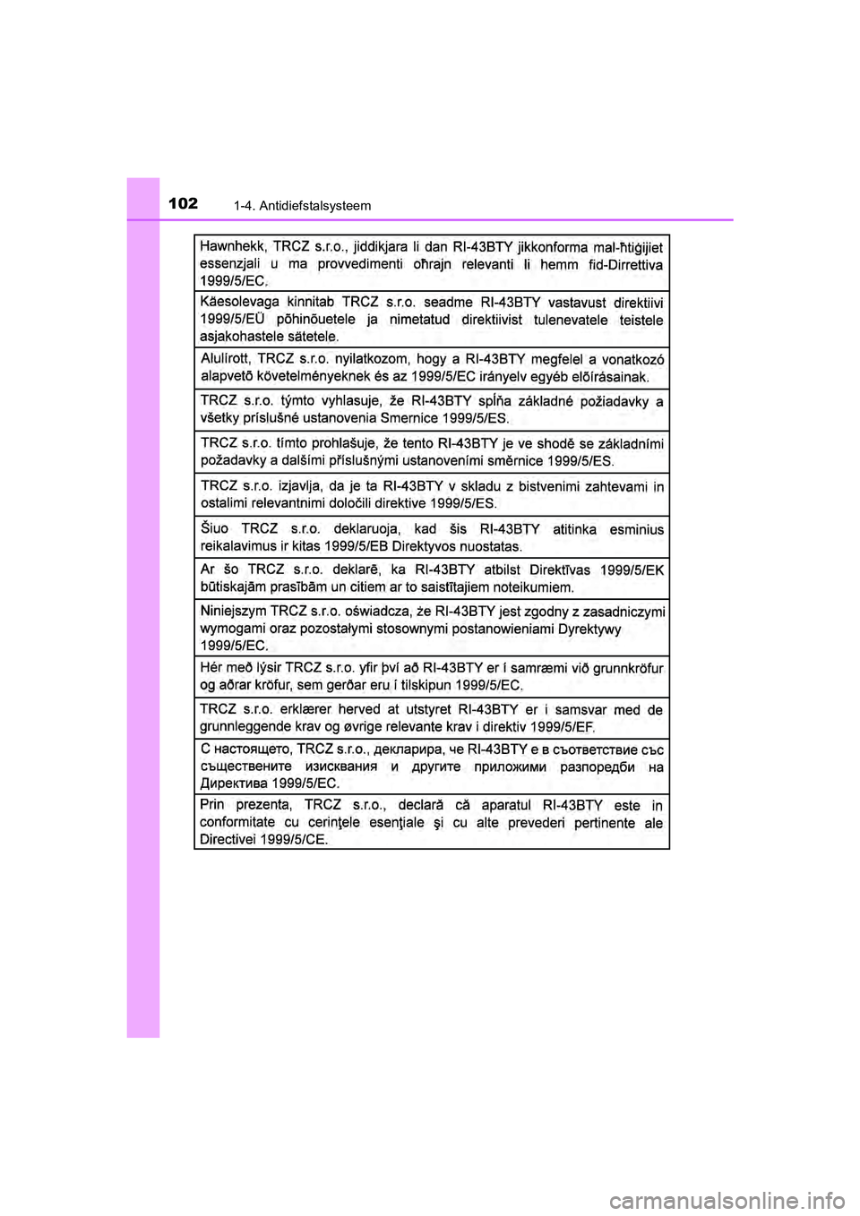TOYOTA YARIS 2018  Instructieboekje (in Dutch) 1021-4. Antidiefstalsysteem
YARIS_HV_OM_Europe_OM52J66E
YARIS_HV_OM_Europe_OM52J66E.book  Page 102  Tuesday, November 14, 2017  5:07 PM 