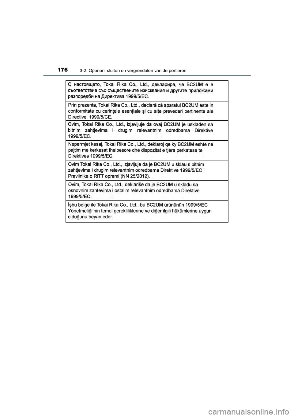 TOYOTA YARIS 2018  Instructieboekje (in Dutch) 1763-2. Openen, sluiten en vergrendelen van de portieren
YARIS_HV_OM_Europe_OM52J66E
YARIS_HV_OM_Europe_OM52J66E.book  Page 176  Tuesday, November 14, 2017  5:07 PM 