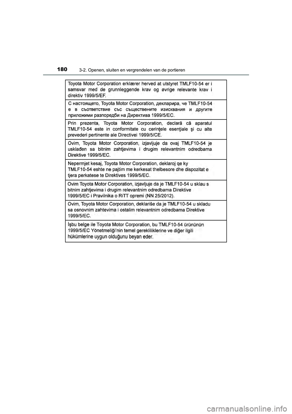 TOYOTA YARIS 2018  Instructieboekje (in Dutch) 1803-2. Openen, sluiten en vergrendelen van de portieren
YARIS_HV_OM_Europe_OM52J66E
YARIS_HV_OM_Europe_OM52J66E.book  Page 180  Tuesday, November 14, 2017  5:07 PM 