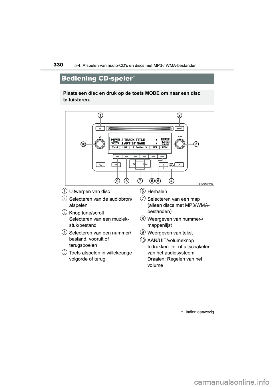 TOYOTA YARIS 2018 Instructieboekje (in Dutch) 3305-4. Afspelen van audio-CD's en discs met MP3-/ WMA-bestanden
YARIS_HV_OM_Europe_OM52J66E
Bediening CD-speler
: Indien aanwezig
Plaats een disc en druk op de toets MODE om naar een disc
TOYOTA YARIS 2018 Instructieboekje (in Dutch) 3305-4. Afspelen van audio-CD's en discs met MP3-/ WMA-bestanden
YARIS_HV_OM_Europe_OM52J66E
Bediening CD-speler
: Indien aanwezig
Plaats een disc en druk op de toets MODE om naar een disc