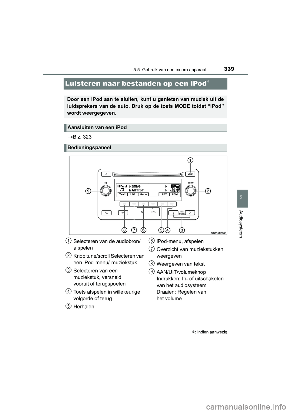 TOYOTA YARIS 2018 Instructieboekje (in Dutch) 339
5
5-5. Gebruik van een extern apparaat
Audiosysteem
YARIS_HV_OM_Europe_OM52J66E
Luisteren naar bestanden op een iPod
Blz. 323
: Indien aanwezig
Door een iPod aan te sluiten, kunt u geniet TOYOTA YARIS 2018 Instructieboekje (in Dutch) 339
5
5-5. Gebruik van een extern apparaat
Audiosysteem
YARIS_HV_OM_Europe_OM52J66E
Luisteren naar bestanden op een iPod
Blz. 323
: Indien aanwezig
Door een iPod aan te sluiten, kunt u geniet