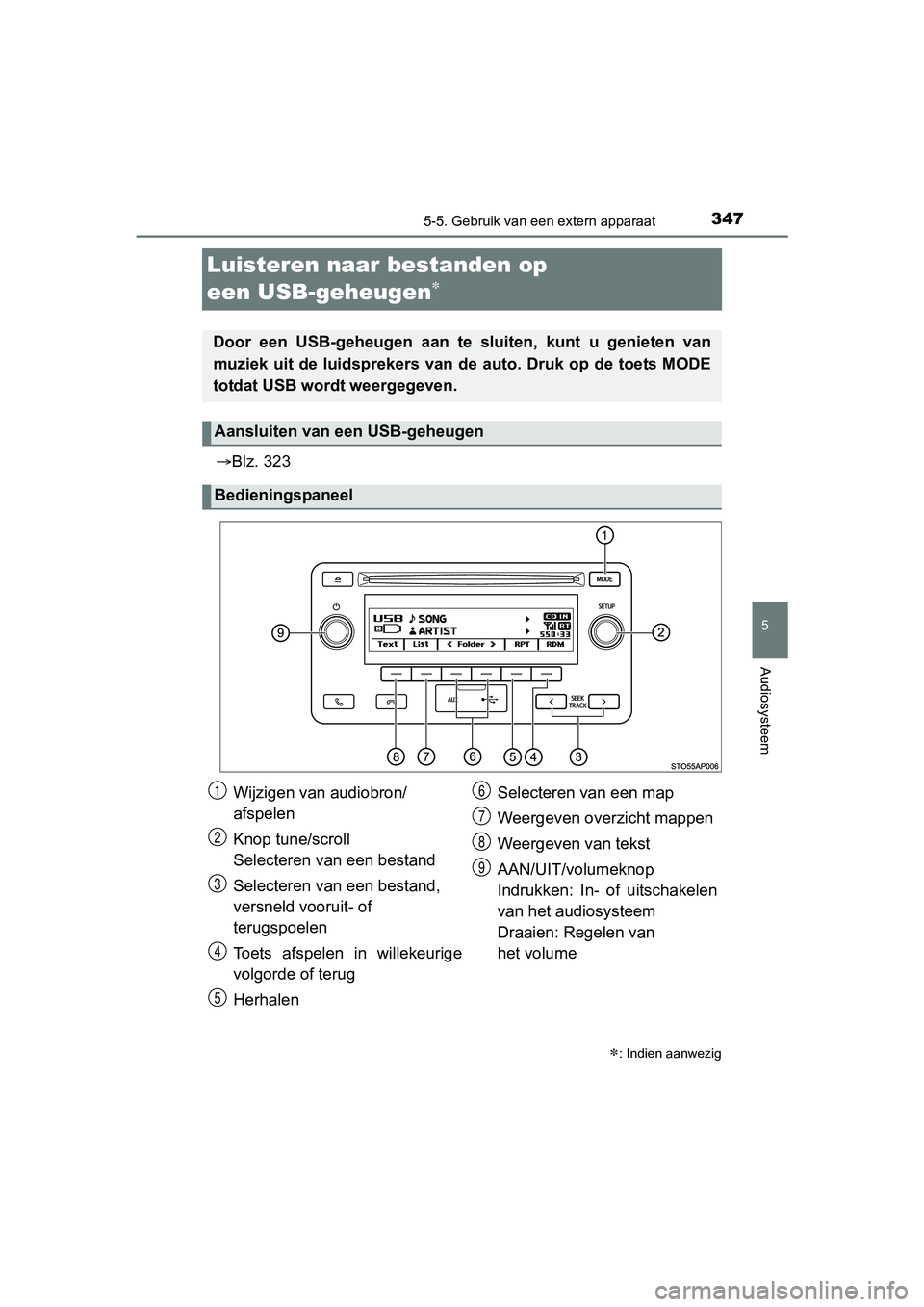 TOYOTA YARIS 2018 Instructieboekje (in Dutch) 347
5
5-5. Gebruik van een extern apparaat
Audiosysteem
YARIS_HV_OM_Europe_OM52J66E
Luisteren naar bestanden op
een USB-geheugen
Blz. 323
: Indien aanwezig
Door een USB-geheugen aan te TOYOTA YARIS 2018 Instructieboekje (in Dutch) 347
5
5-5. Gebruik van een extern apparaat
Audiosysteem
YARIS_HV_OM_Europe_OM52J66E
Luisteren naar bestanden op
een USB-geheugen
Blz. 323
: Indien aanwezig
Door een USB-geheugen aan te