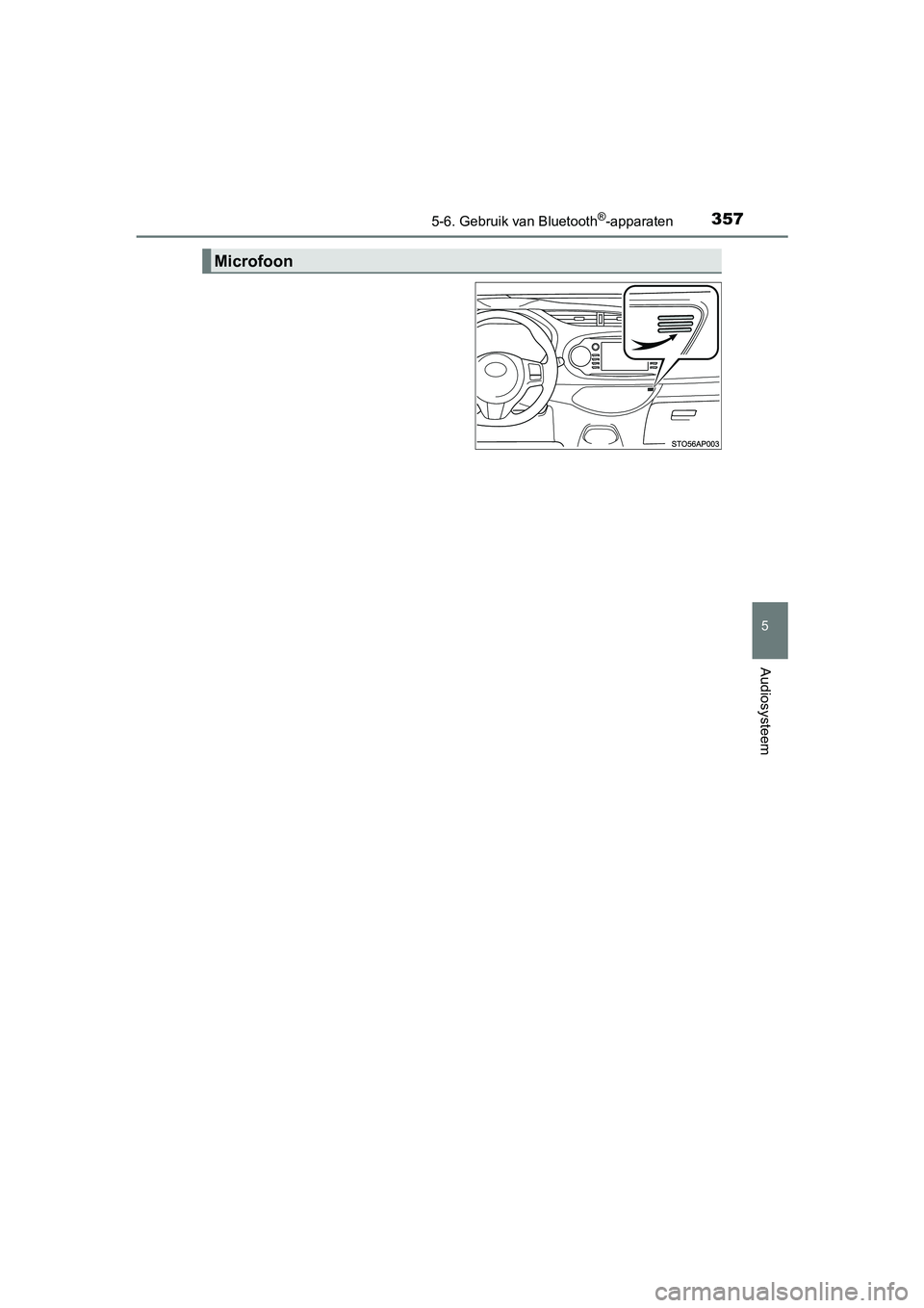 TOYOTA YARIS 2018 Instructieboekje (in Dutch) 3575-6. Gebruik van Bluetooth®-apparaten
5
Audiosysteem
YARIS_HV_OM_Europe_OM52J66E
Microfoon
YARIS_HV_OM_Europe_OM52J66E.book Page 357 Tuesday, November 14, 2017 5:07 PM TOYOTA YARIS 2018 Instructieboekje (in Dutch) 3575-6. Gebruik van Bluetooth®-apparaten
5
Audiosysteem
YARIS_HV_OM_Europe_OM52J66E
Microfoon
YARIS_HV_OM_Europe_OM52J66E.book Page 357 Tuesday, November 14, 2017 5:07 PM