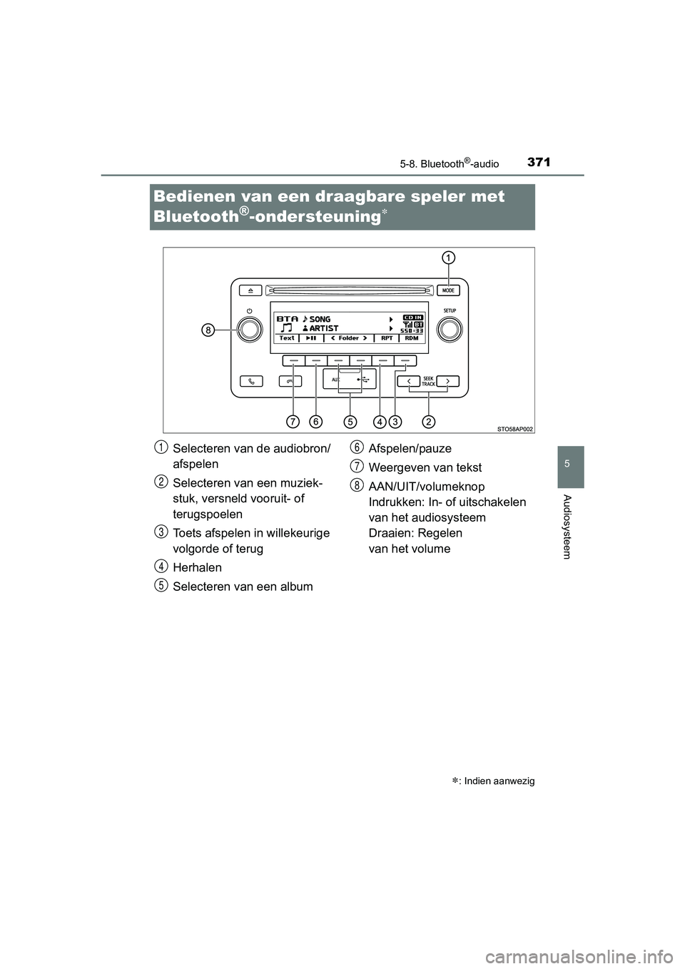 TOYOTA YARIS 2018  Instructieboekje (in Dutch) 3715-8. Bluetooth®-audio
5
Audiosysteem
YARIS_HV_OM_Europe_OM52J66E
Bedienen van een draagbare speler met 
Bluetooth
®-ondersteuning
: Indien aanwezig
Selecteren van de audiobron/
afspelen
Sel