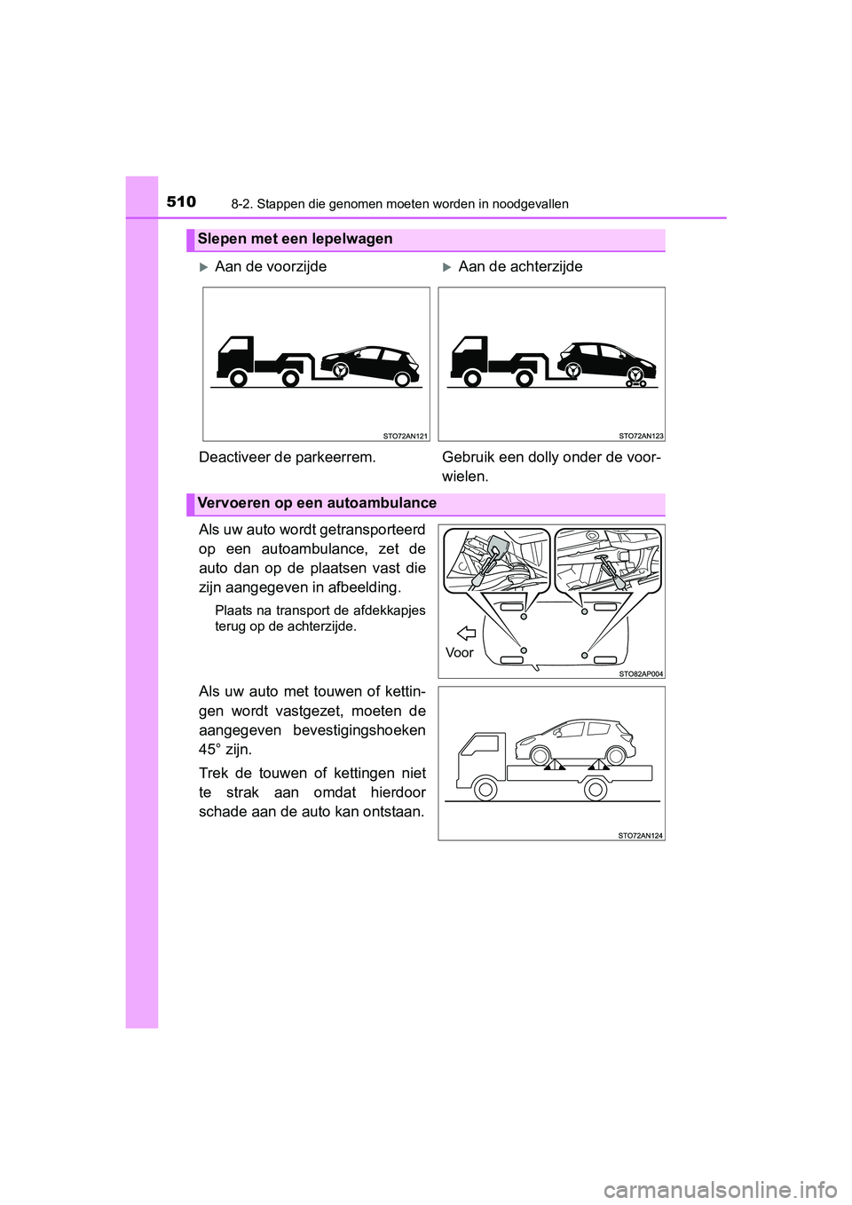 TOYOTA YARIS 2018 Instructieboekje (in Dutch) 5108-2. Stappen die genomen moeten worden in noodgevallen
YARIS_HV_OM_Europe_OM52J66E
Als uw auto wordt getransporteerd
op een autoambulance, zet de
auto dan op de plaatsen vast die
zijn aan TOYOTA YARIS 2018 Instructieboekje (in Dutch) 5108-2. Stappen die genomen moeten worden in noodgevallen
YARIS_HV_OM_Europe_OM52J66E
Als uw auto wordt getransporteerd
op een autoambulance, zet de
auto dan op de plaatsen vast die
zijn aan
