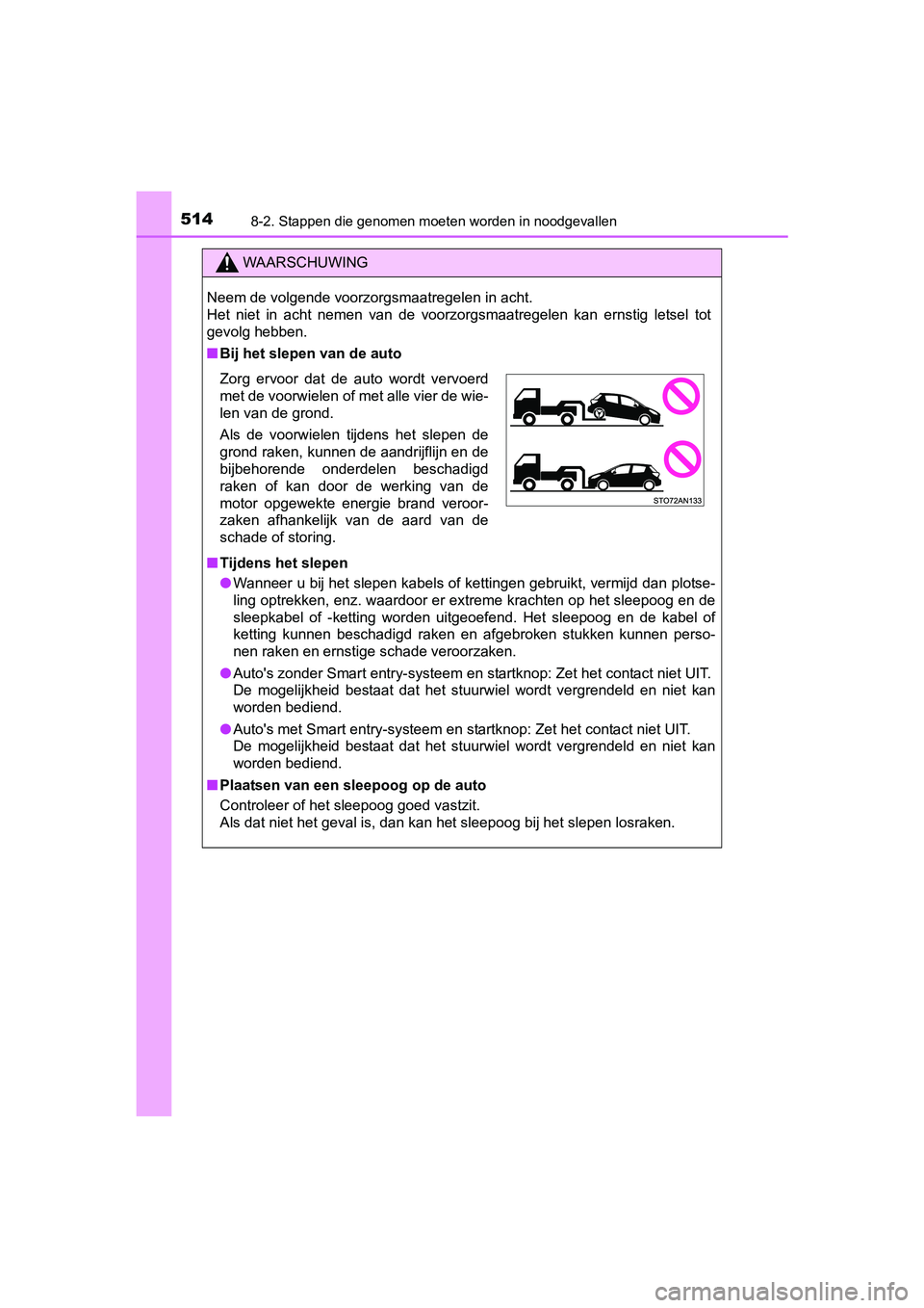 TOYOTA YARIS 2018  Instructieboekje (in Dutch) 5148-2. Stappen die genomen moeten worden in noodgevallen
YARIS_HV_OM_Europe_OM52J66E
WAARSCHUWING
Neem de volgende voorzorgsmaatregelen in acht. 
Het  niet  in  acht  nemen  van  de  voorzorgsmaatreg