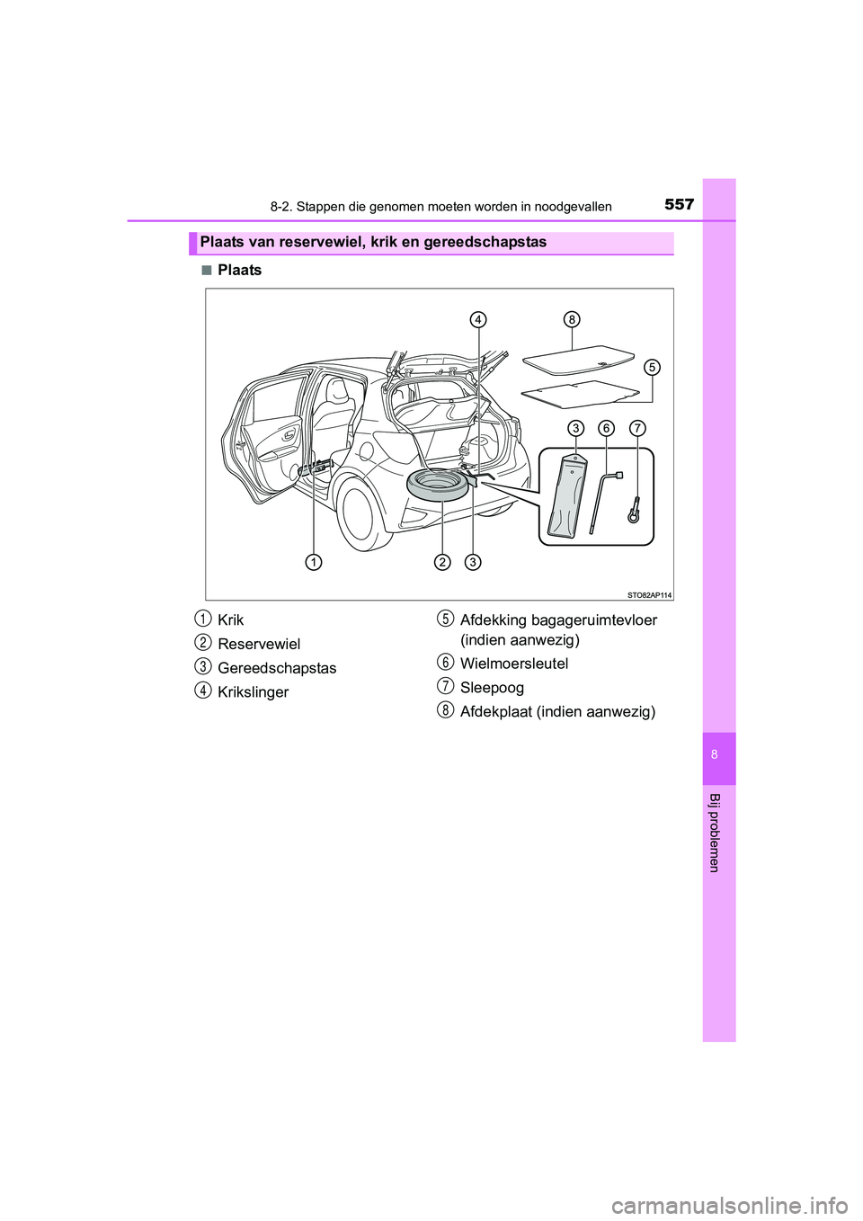 TOYOTA YARIS 2018 Instructieboekje (in Dutch) 5578-2. Stappen die genomen moeten worden in noodgevallen
8
Bij problemen
YARIS_HV_OM_Europe_OM52J66E■
Plaats
Plaats van reservewiel, krik en gereedschapstas
Krik
Reservewiel
Gereedschapstas
Kriksli TOYOTA YARIS 2018 Instructieboekje (in Dutch) 5578-2. Stappen die genomen moeten worden in noodgevallen
8
Bij problemen
YARIS_HV_OM_Europe_OM52J66E■
Plaats
Plaats van reservewiel, krik en gereedschapstas
Krik
Reservewiel
Gereedschapstas
Kriksli