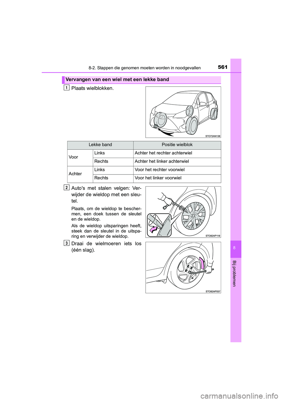 TOYOTA YARIS 2018 Instructieboekje (in Dutch) 5618-2. Stappen die genomen moeten worden in noodgevallen
8
Bij problemen
YARIS_HV_OM_Europe_OM52J66E
Plaats wielblokken.
Auto's met stalen velgen: Ver-
wijder de wieldop met een sleu-
tel.
Pl TOYOTA YARIS 2018 Instructieboekje (in Dutch) 5618-2. Stappen die genomen moeten worden in noodgevallen
8
Bij problemen
YARIS_HV_OM_Europe_OM52J66E
Plaats wielblokken.
Auto's met stalen velgen: Ver-
wijder de wieldop met een sleu-
tel.
Pl