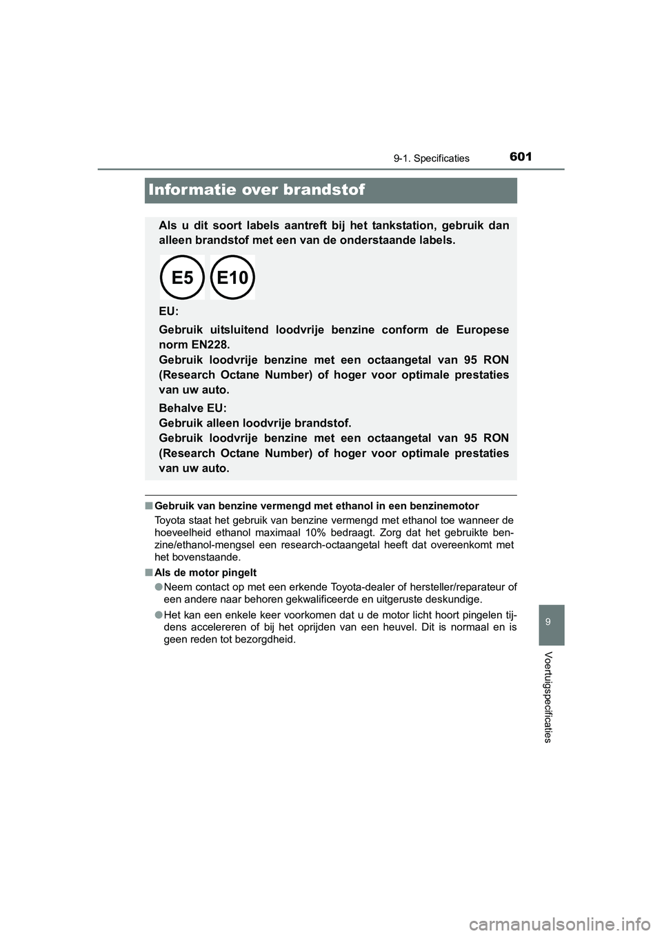 TOYOTA YARIS 2018 Instructieboekje (in Dutch) 6019-1. Specificaties
9
Voertuigspecificaties
YARIS_HV_OM_Europe_OM52J66E
Informatie over brandstof
■Gebruik van benzine vermengd met ethanol in een benzinemotor
Toyota staat het gebruik van benzin TOYOTA YARIS 2018 Instructieboekje (in Dutch) 6019-1. Specificaties
9
Voertuigspecificaties
YARIS_HV_OM_Europe_OM52J66E
Informatie over brandstof
■Gebruik van benzine vermengd met ethanol in een benzinemotor
Toyota staat het gebruik van benzin