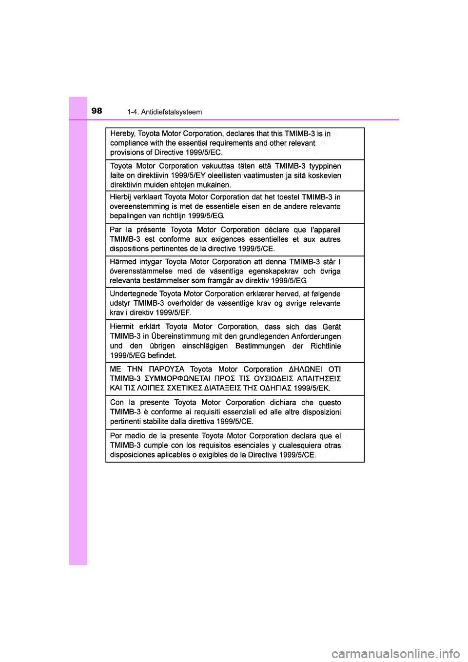 TOYOTA YARIS 2018 Instructieboekje (in Dutch) 981-4. Antidiefstalsysteem
YARIS_HV_OM_Europe_OM52J66E
YARIS_HV_OM_Europe_OM52J66E.book Page 98 Tuesday, November 14, 2017 5:07 PM TOYOTA YARIS 2018 Instructieboekje (in Dutch) 981-4. Antidiefstalsysteem
YARIS_HV_OM_Europe_OM52J66E
YARIS_HV_OM_Europe_OM52J66E.book Page 98 Tuesday, November 14, 2017 5:07 PM