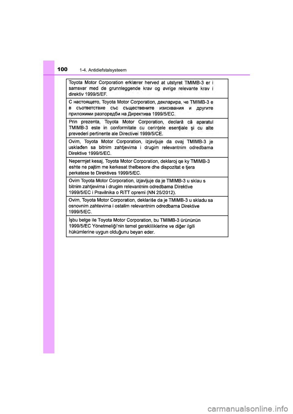 TOYOTA YARIS 2018 Instructieboekje (in Dutch) 1001-4. Antidiefstalsysteem
YARIS_HV_OM_Europe_OM52J66E
YARIS_HV_OM_Europe_OM52J66E.book Page 100 Tuesday, November 14, 2017 5:07 PM TOYOTA YARIS 2018 Instructieboekje (in Dutch) 1001-4. Antidiefstalsysteem
YARIS_HV_OM_Europe_OM52J66E
YARIS_HV_OM_Europe_OM52J66E.book Page 100 Tuesday, November 14, 2017 5:07 PM