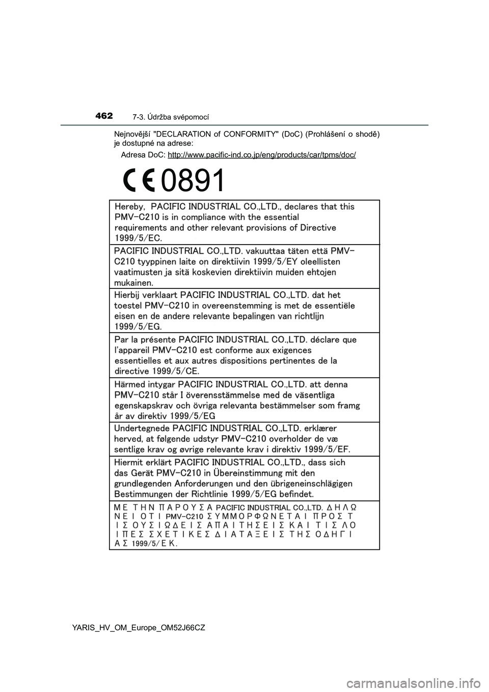 TOYOTA YARIS 2018  Návod na použití (in Czech) 4627-3. Údržba svépomocí
YARIS_HV_OM_Europe_OM52J66CZ 
Nejnovější  "DECLARATION  of  CONFORMITY"  (DoC)  (Prohlášení  o  shod ě) 
je dostupné na adrese: 
Adresa DoC: http://www.pac