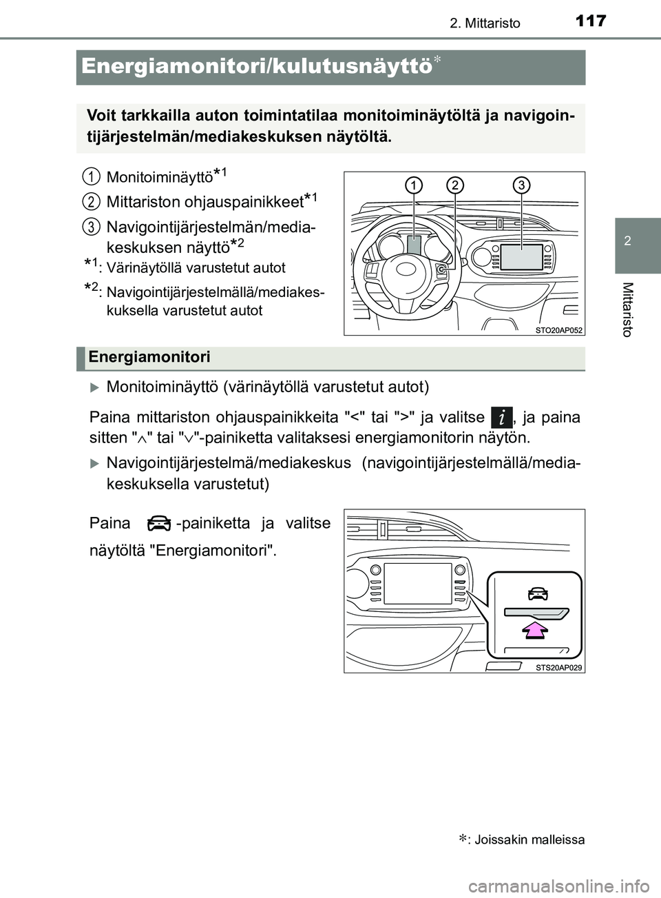 TOYOTA YARIS 2018  Omistajan Käsikirja (in Finnish) 117
2
2. Mittaristo
Mittaristo
YARIS_HV_OM_Europe_OM52J66FI
Energiamonitori/kulutusnäyttö∗
Monitoiminäyttö*1
Mittariston ohjauspainikkeet*1
Navigointijärjestelmän/media-
keskuksen näyttö
*2
