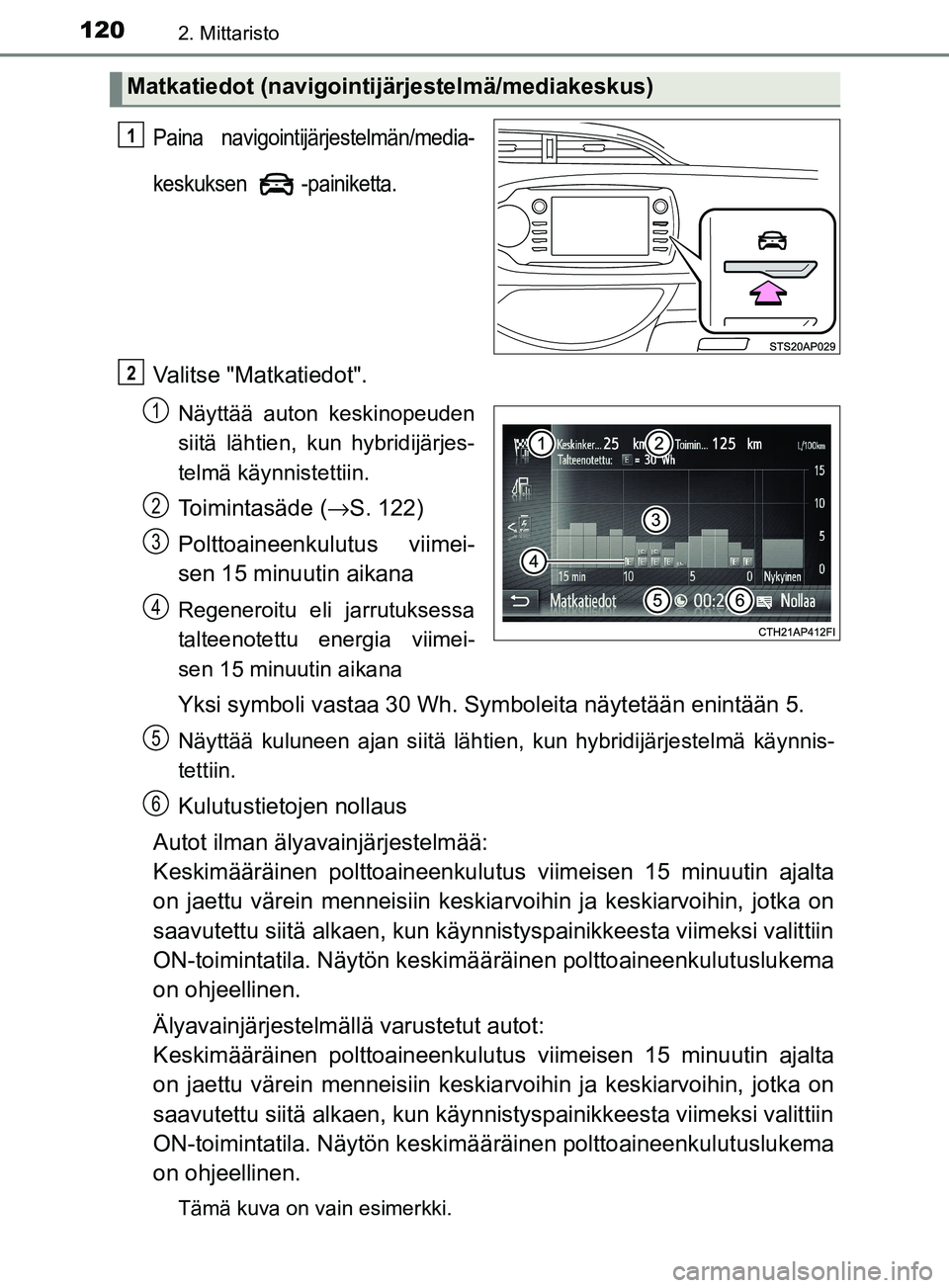 TOYOTA YARIS 2018  Omistajan Käsikirja (in Finnish) 1202. Mittaristo
YARIS_HV_OM_Europe_OM52J66FI
Paina navigointijärjestelmän/media-
keskuksen -painiketta.
Valitse "Matkatiedot".
Näyttää auton keskinopeuden
siitä lähtien, kun hybridijärjes-
te