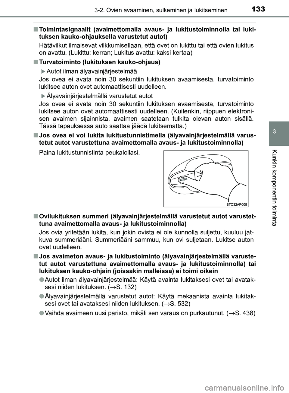 TOYOTA YARIS 2018  Omistajan Käsikirja (in Finnish) 1333-2. Ovien avaaminen, sulkeminen ja lukitseminen
3
Kunkin komponentin toiminta
YARIS_HV_OM_Europe_OM52J66FI
nToimintasignaalit (avaimett omalla avaus- ja lukitustoiminnolla tai luki-
tuksen kauko-o