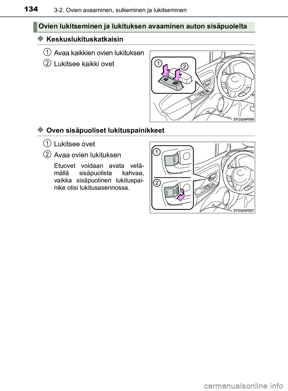 TOYOTA YARIS 2018  Omistajan Käsikirja (in Finnish) 1343-2. Ovien avaaminen, sulkeminen ja lukitseminen
YARIS_HV_OM_Europe_OM52J66FI
uKeskuslukituskatkaisinAvaa kaikkien ovien lukituksen
Lukitsee kaikki ovet
uOven sisäpuoliset lukituspainikkeetLukitse