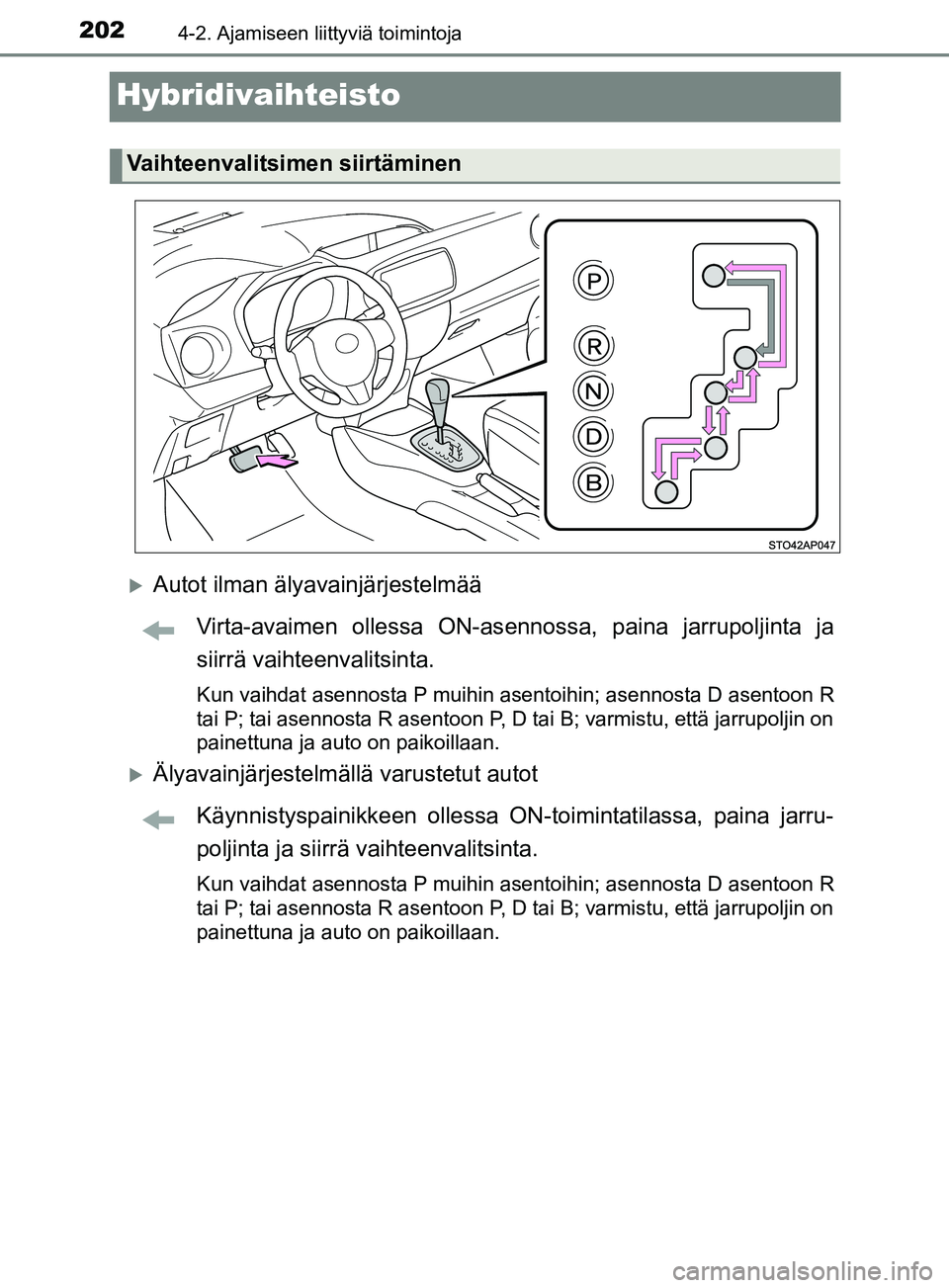 TOYOTA YARIS 2018 Omistajan Käsikirja (in Finnish) 2024-2. Ajamiseen liittyviä toimintoja
YARIS_HV_OM_Europe_OM52J66FI
Hybridivaihteisto
Autot ilman älyavainjärjestelmääVirta-avaimen ollessa ON-asennossa, paina jarrupoljinta ja
siirrä vaihtee TOYOTA YARIS 2018 Omistajan Käsikirja (in Finnish) 2024-2. Ajamiseen liittyviä toimintoja
YARIS_HV_OM_Europe_OM52J66FI
Hybridivaihteisto
Autot ilman älyavainjärjestelmääVirta-avaimen ollessa ON-asennossa, paina jarrupoljinta ja
siirrä vaihtee