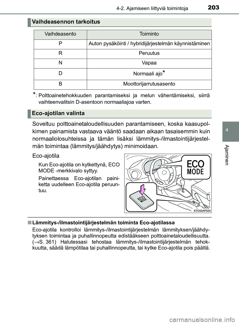 TOYOTA YARIS 2018 Omistajan Käsikirja (in Finnish) 2034-2. Ajamiseen liittyviä toimintoja
4
Ajaminen
YARIS_HV_OM_Europe_OM52J66FI
*: Polttoainetehokkuuden parantamiseksi ja melun vähentämiseksi, siirrävaihteenvalitsin D-asentoon normaaliajoa varte TOYOTA YARIS 2018 Omistajan Käsikirja (in Finnish) 2034-2. Ajamiseen liittyviä toimintoja
4
Ajaminen
YARIS_HV_OM_Europe_OM52J66FI
*: Polttoainetehokkuuden parantamiseksi ja melun vähentämiseksi, siirrävaihteenvalitsin D-asentoon normaaliajoa varte