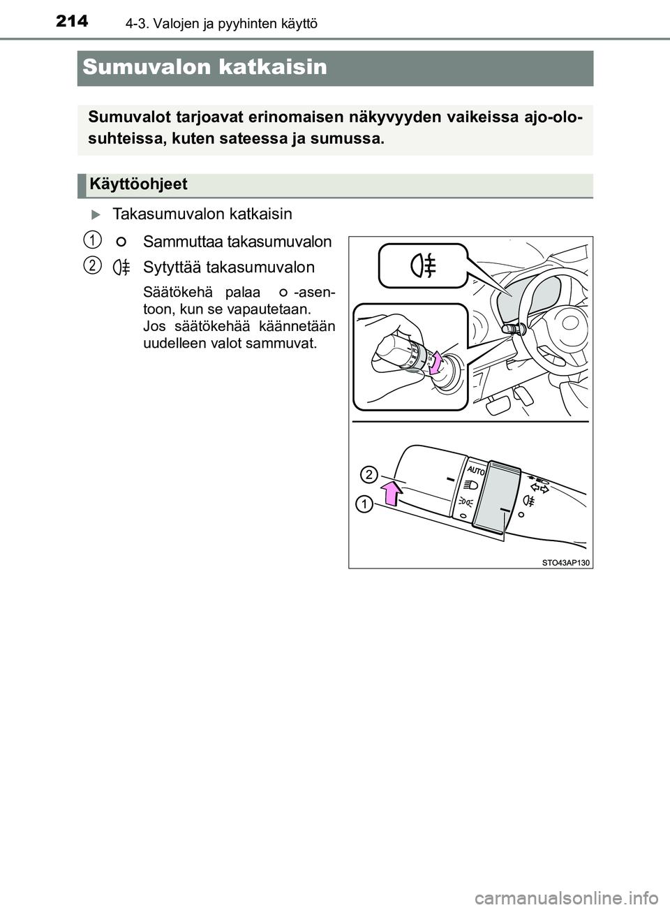 TOYOTA YARIS 2018 Omistajan Käsikirja (in Finnish) 2144-3. Valojen ja pyyhinten käyttö
YARIS_HV_OM_Europe_OM52J66FI
Sumuvalon katkaisin
Takasumuvalon katkaisinSammuttaa takasumuvalon
Sytyttää takasumuvalon
Säätökehä palaa -asen-
toon, kun TOYOTA YARIS 2018 Omistajan Käsikirja (in Finnish) 2144-3. Valojen ja pyyhinten käyttö
YARIS_HV_OM_Europe_OM52J66FI
Sumuvalon katkaisin
Takasumuvalon katkaisinSammuttaa takasumuvalon
Sytyttää takasumuvalon
Säätökehä palaa -asen-
toon, kun