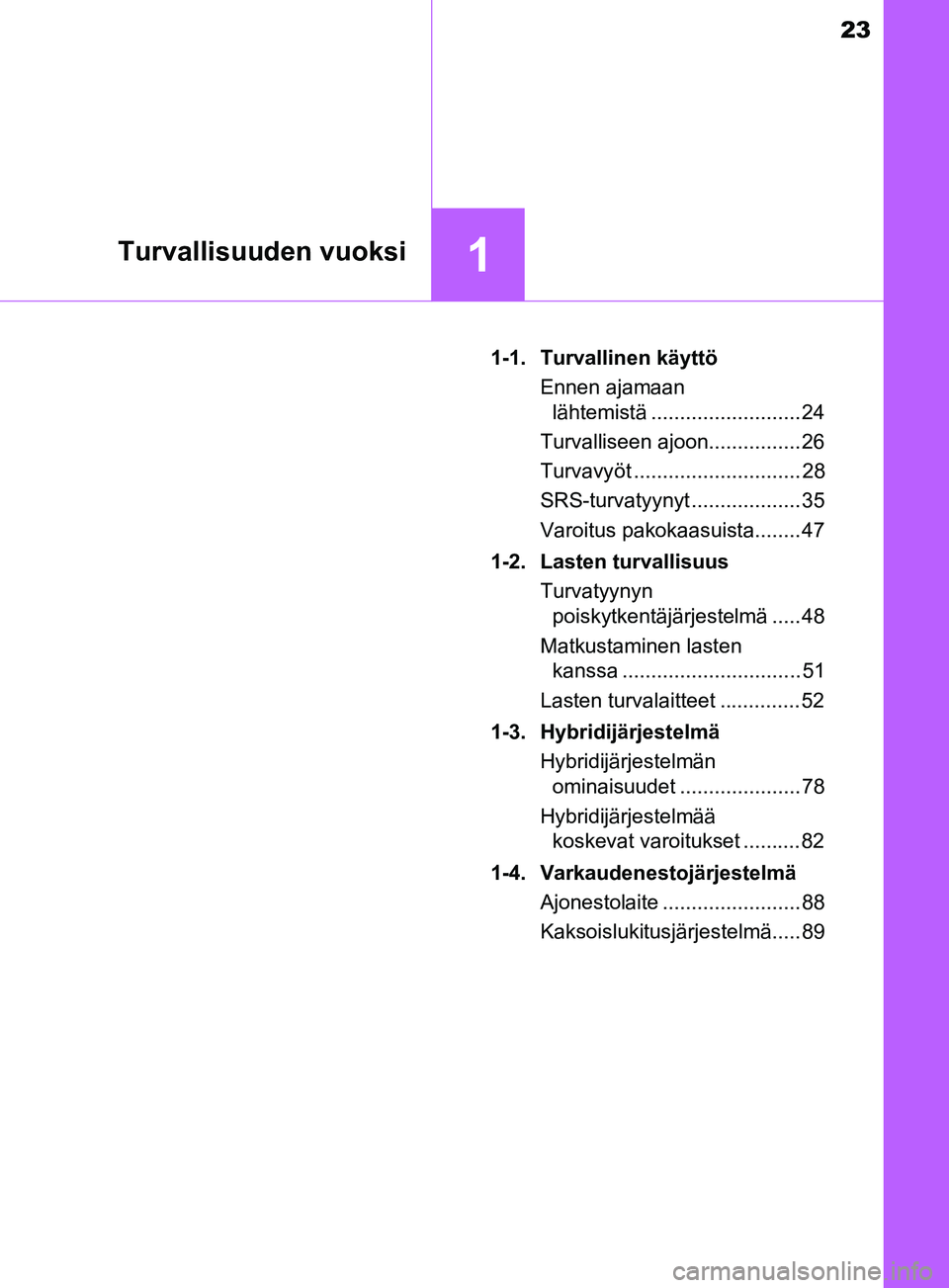 TOYOTA YARIS 2018  Omistajan Käsikirja (in Finnish) 23
1Turvallisuuden vuoksi
YARIS_HV_OM_Europe_OM52J66FI1-1. Turvallinen käyttö
Ennen ajamaan lähtemistä .......................... 24
Turvalliseen ajoon................ 26
Turvavyöt ..............