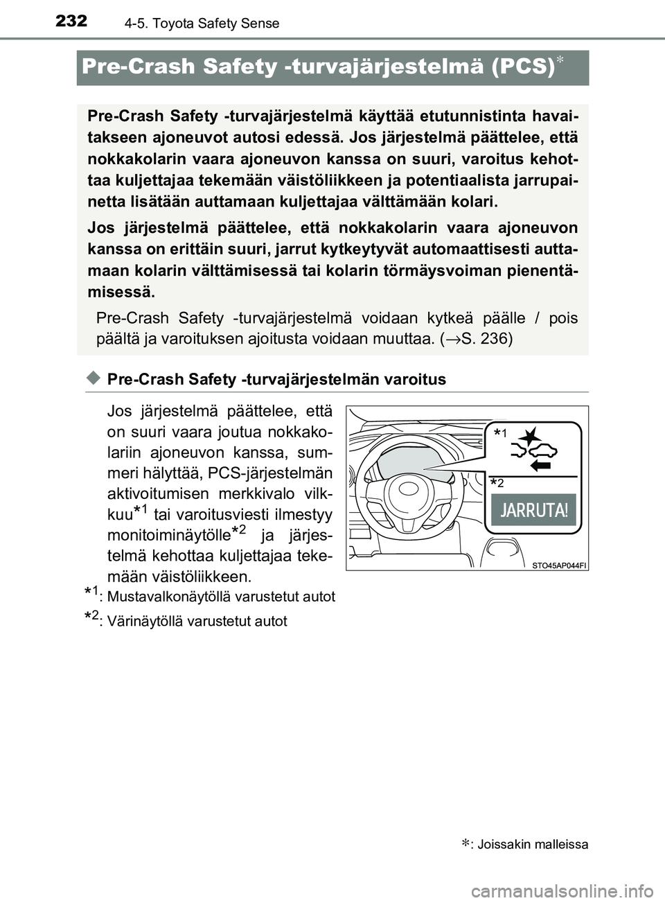 TOYOTA YARIS 2018  Omistajan Käsikirja (in Finnish) 2324-5. Toyota Safety Sense
YARIS_HV_OM_Europe_OM52J66FI
Pre-Crash Safety -turvajärjestelmä (PCS)∗
uPre-Crash Safety -turvajärjestelmän varoitus
Jos järjestelmä päättelee, että
on suuri vaa