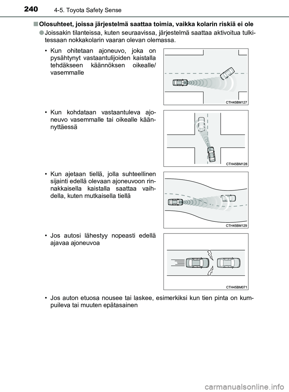TOYOTA YARIS 2018  Omistajan Käsikirja (in Finnish) 2404-5. Toyota Safety Sense
YARIS_HV_OM_Europe_OM52J66FIn
Olosuhteet, joissa järjestelmä saattaa toimia, vaikka kolarin riskiä ei ole
lJoissakin tilanteissa, kuten seuraavissa, järjestelmä saatta