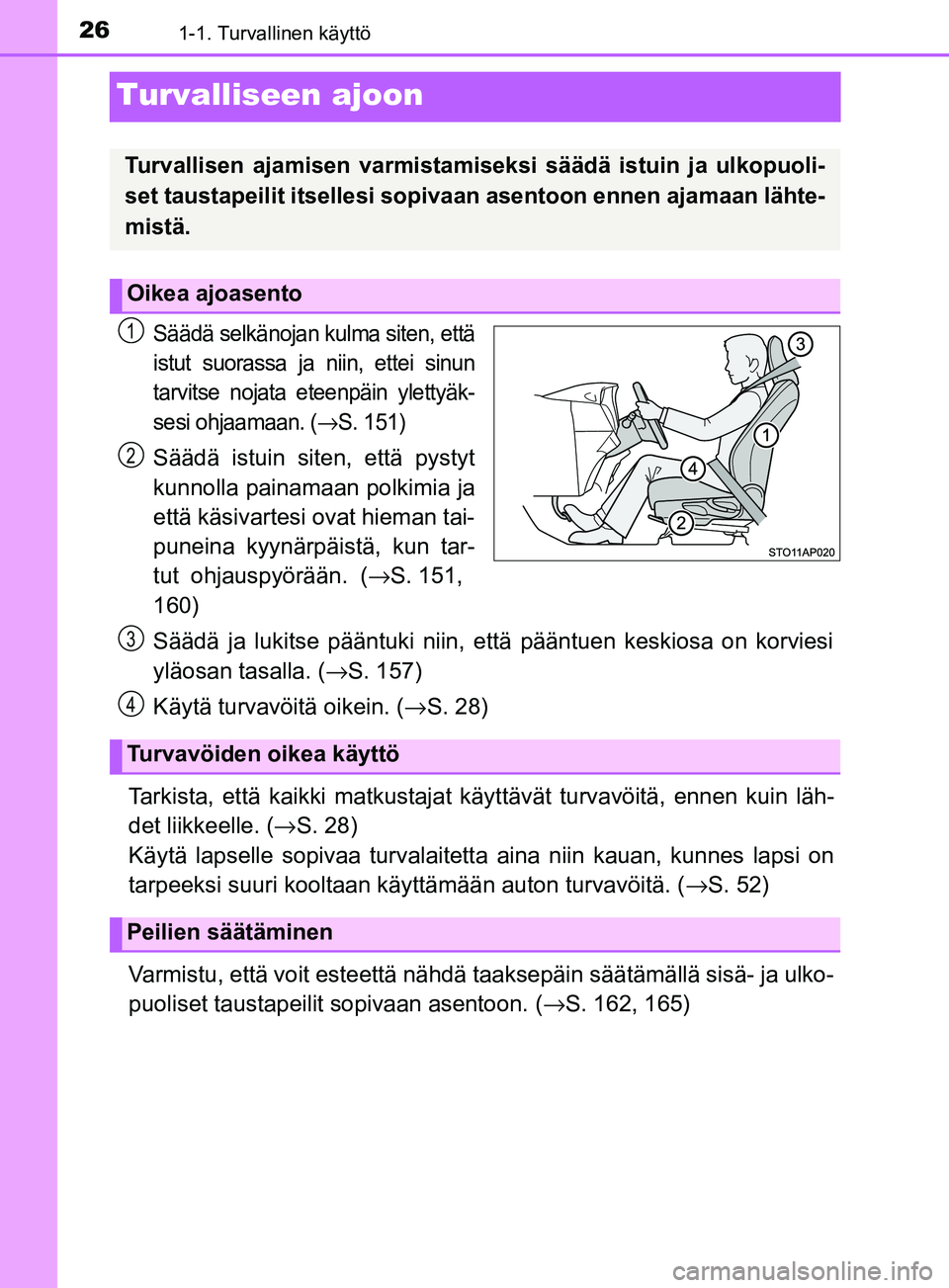 TOYOTA YARIS 2018  Omistajan Käsikirja (in Finnish) 261-1. Turvallinen käyttö
YARIS_HV_OM_Europe_OM52J66FI
Turvalliseen ajoon
Säädä selkänojan kulma siten, että
istut suorassa ja niin, ettei sinun
tarvitse nojata eteenpäin ylettyäk-
sesi ohjaa