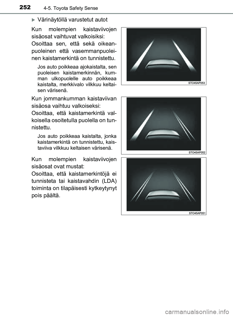 TOYOTA YARIS 2018 Omistajan Käsikirja (in Finnish) 2524-5. Toyota Safety Sense
YARIS_HV_OM_Europe_OM52J66FI
Värinäytöllä varustetut autot
Kun molempien kaistaviivojen
sisäosat vaihtuvat valkoisiksi:
Osoittaa sen, että sekä oikean-
puoleinen TOYOTA YARIS 2018 Omistajan Käsikirja (in Finnish) 2524-5. Toyota Safety Sense
YARIS_HV_OM_Europe_OM52J66FI
Värinäytöllä varustetut autot
Kun molempien kaistaviivojen
sisäosat vaihtuvat valkoisiksi:
Osoittaa sen, että sekä oikean-
puoleinen