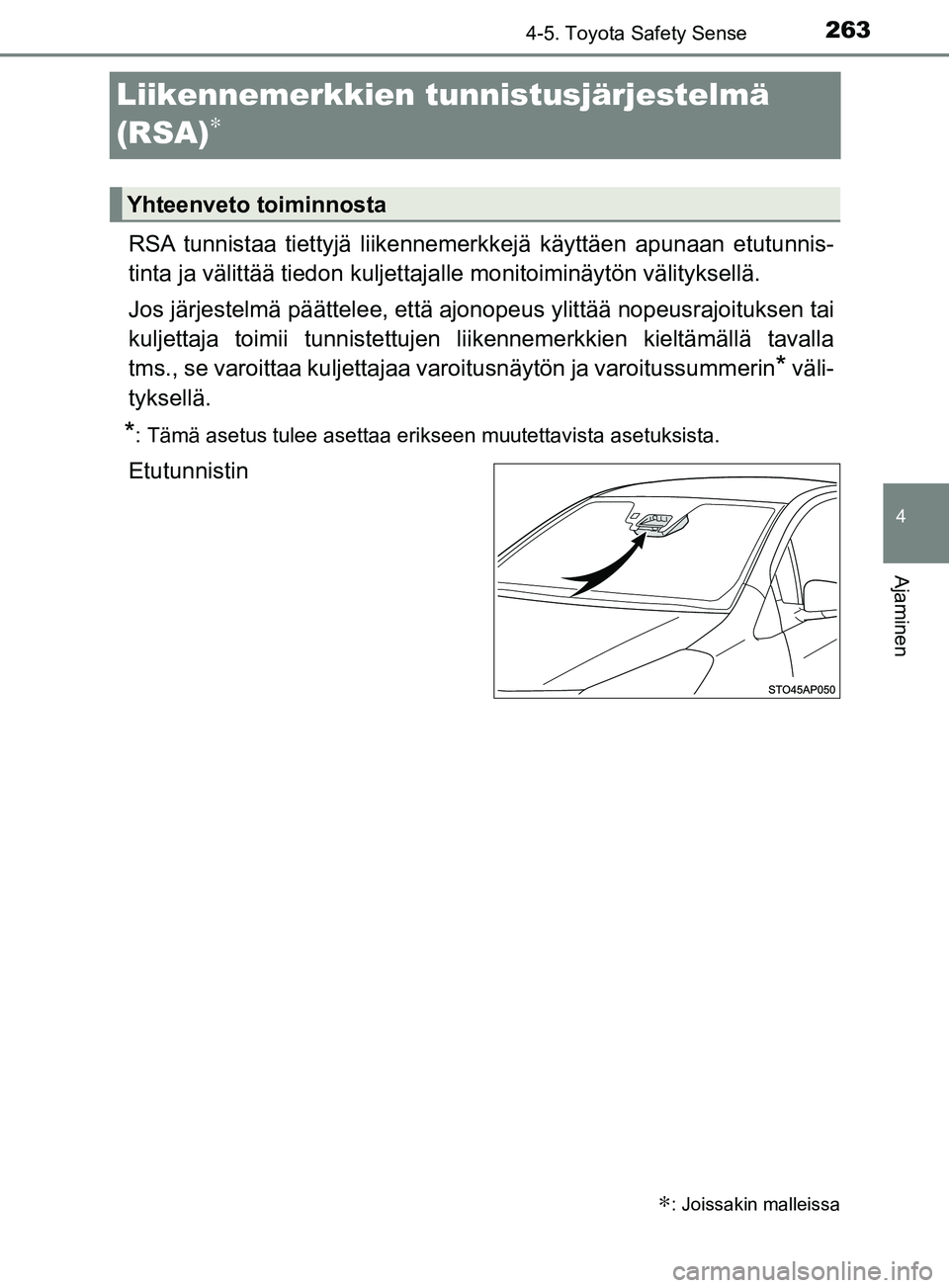 TOYOTA YARIS 2018 Omistajan Käsikirja (in Finnish) 263
4
4-5. Toyota Safety Sense
Ajaminen
YARIS_HV_OM_Europe_OM52J66FI
Liikennemerkkien tunnistusjärjestelmä
(RSA)
∗
RSA tunnistaa tiettyjä liikennemerkkejä käyttäen apunaan etutunnis-
tinta ja TOYOTA YARIS 2018 Omistajan Käsikirja (in Finnish) 263
4
4-5. Toyota Safety Sense
Ajaminen
YARIS_HV_OM_Europe_OM52J66FI
Liikennemerkkien tunnistusjärjestelmä
(RSA)
∗
RSA tunnistaa tiettyjä liikennemerkkejä käyttäen apunaan etutunnis-
tinta ja