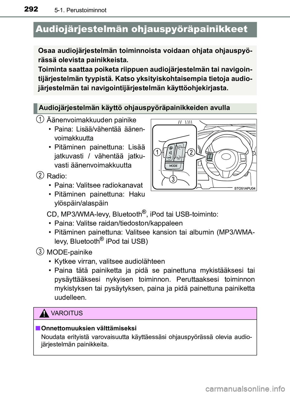 TOYOTA YARIS 2018 Omistajan Käsikirja (in Finnish) 2925-1. Perustoiminnot
YARIS_HV_OM_Europe_OM52J66FI
Audiojärjestelmän ohjauspyöräpainikkeet
Äänenvoimakkuuden painike
• Paina: Lisää/vähentää äänen-
voimakkuutta
• Pitäminen painettu TOYOTA YARIS 2018 Omistajan Käsikirja (in Finnish) 2925-1. Perustoiminnot
YARIS_HV_OM_Europe_OM52J66FI
Audiojärjestelmän ohjauspyöräpainikkeet
Äänenvoimakkuuden painike
• Paina: Lisää/vähentää äänen-
voimakkuutta
• Pitäminen painettu