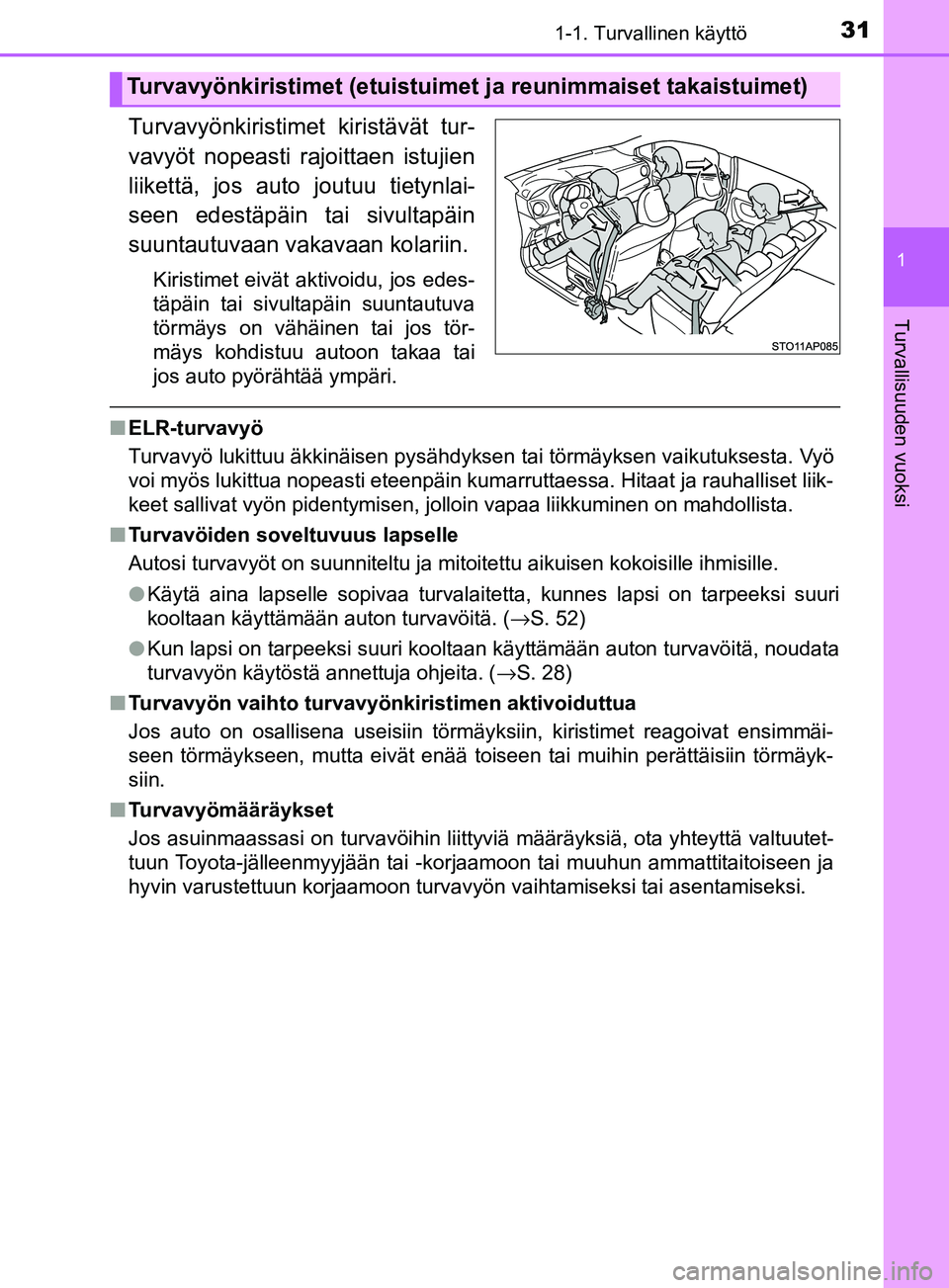 TOYOTA YARIS 2018  Omistajan Käsikirja (in Finnish) 311-1. Turvallinen käyttö
1
Turvallisuuden vuoksi
YARIS_HV_OM_Europe_OM52J66FI
Turvavyönkiristimet kiristävät tur-
vavyöt nopeasti rajoittaen istujien
liikettä, jos auto joutuu tietynlai-
seen 