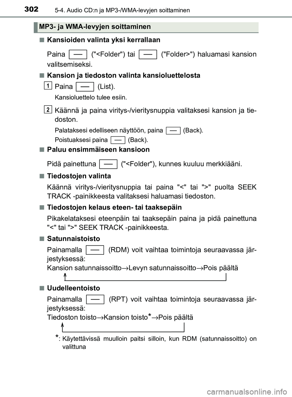 TOYOTA YARIS 2018 Omistajan Käsikirja (in Finnish) 3025-4. Audio CD:n ja MP3-/WMA-levyjen soittaminen
YARIS_HV_OM_Europe_OM52J66FIn
Kansioiden valinta yksi kerrallaan
Paina ("<Folder") tai ("Folder>") haluamasi kansion
valitsemiseksi.
nKansion ja TOYOTA YARIS 2018 Omistajan Käsikirja (in Finnish) 3025-4. Audio CD:n ja MP3-/WMA-levyjen soittaminen
YARIS_HV_OM_Europe_OM52J66FIn
Kansioiden valinta yksi kerrallaan
Paina ("<Folder") tai ("Folder>") haluamasi kansion
valitsemiseksi.
nKansion ja
