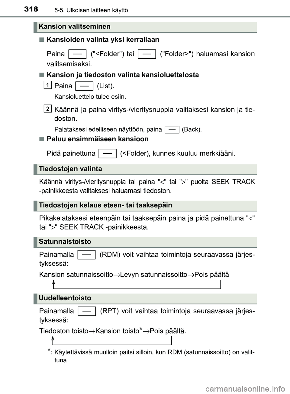 TOYOTA YARIS 2018 Omistajan Käsikirja (in Finnish) 3185-5. Ulkoisen laitteen käyttö
YARIS_HV_OM_Europe_OM52J66FIn
Kansioiden valinta yksi kerrallaan
Paina ("<Folder") tai ("Folder>") haluamasi kansion
valitsemiseksi.
nKansion ja tiedoston valint TOYOTA YARIS 2018 Omistajan Käsikirja (in Finnish) 3185-5. Ulkoisen laitteen käyttö
YARIS_HV_OM_Europe_OM52J66FIn
Kansioiden valinta yksi kerrallaan
Paina ("<Folder") tai ("Folder>") haluamasi kansion
valitsemiseksi.
nKansion ja tiedoston valint