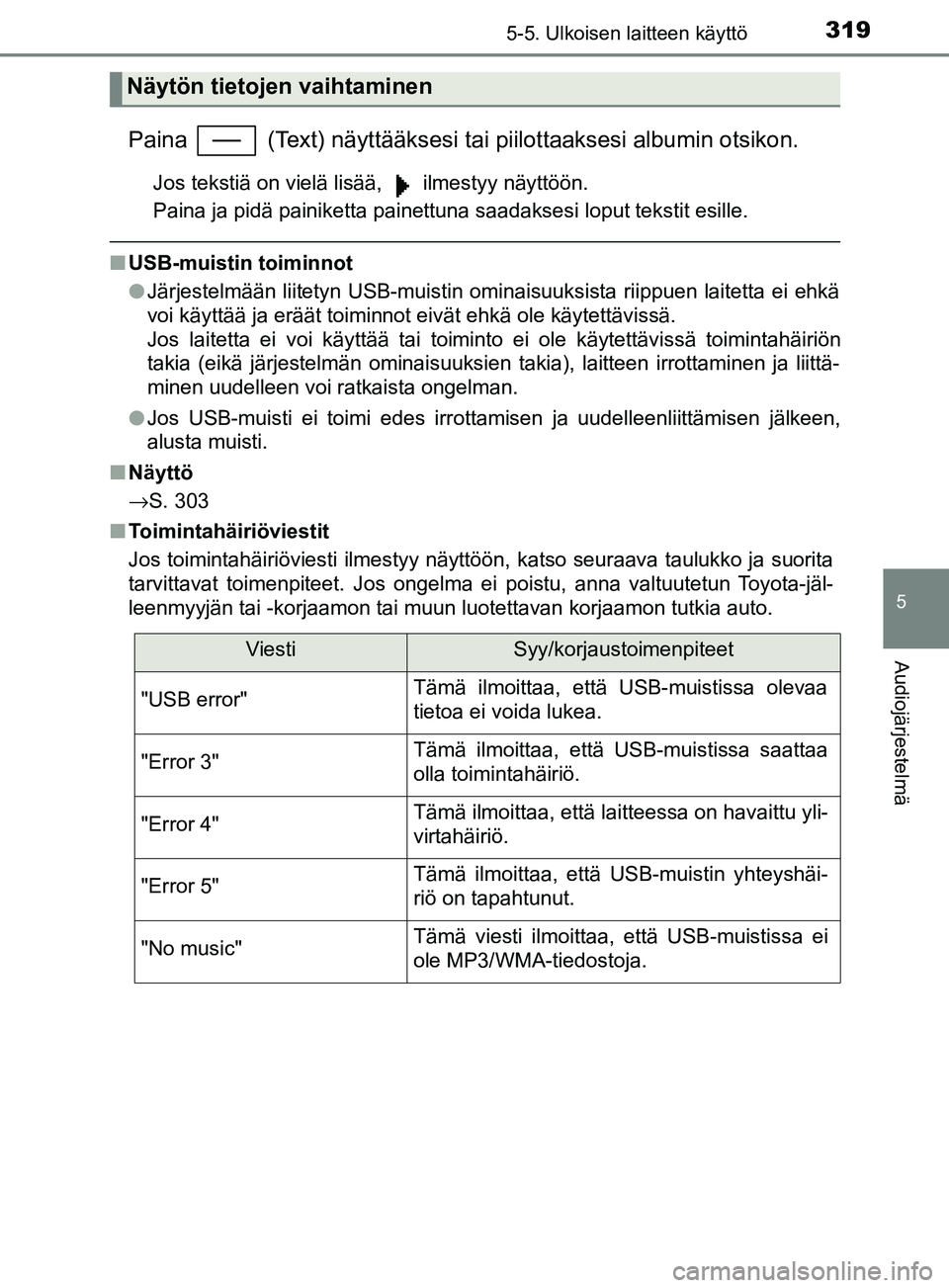 TOYOTA YARIS 2018 Omistajan Käsikirja (in Finnish) 3195-5. Ulkoisen laitteen käyttö
5
Audiojärjestelmä
YARIS_HV_OM_Europe_OM52J66FI
Paina (Text) näyttääksesi tai piilottaaksesi albumin otsikon.
Jos tekstiä on vielä lisää, ilmestyy näyt TOYOTA YARIS 2018 Omistajan Käsikirja (in Finnish) 3195-5. Ulkoisen laitteen käyttö
5
Audiojärjestelmä
YARIS_HV_OM_Europe_OM52J66FI
Paina (Text) näyttääksesi tai piilottaaksesi albumin otsikon.
Jos tekstiä on vielä lisää, ilmestyy näyt